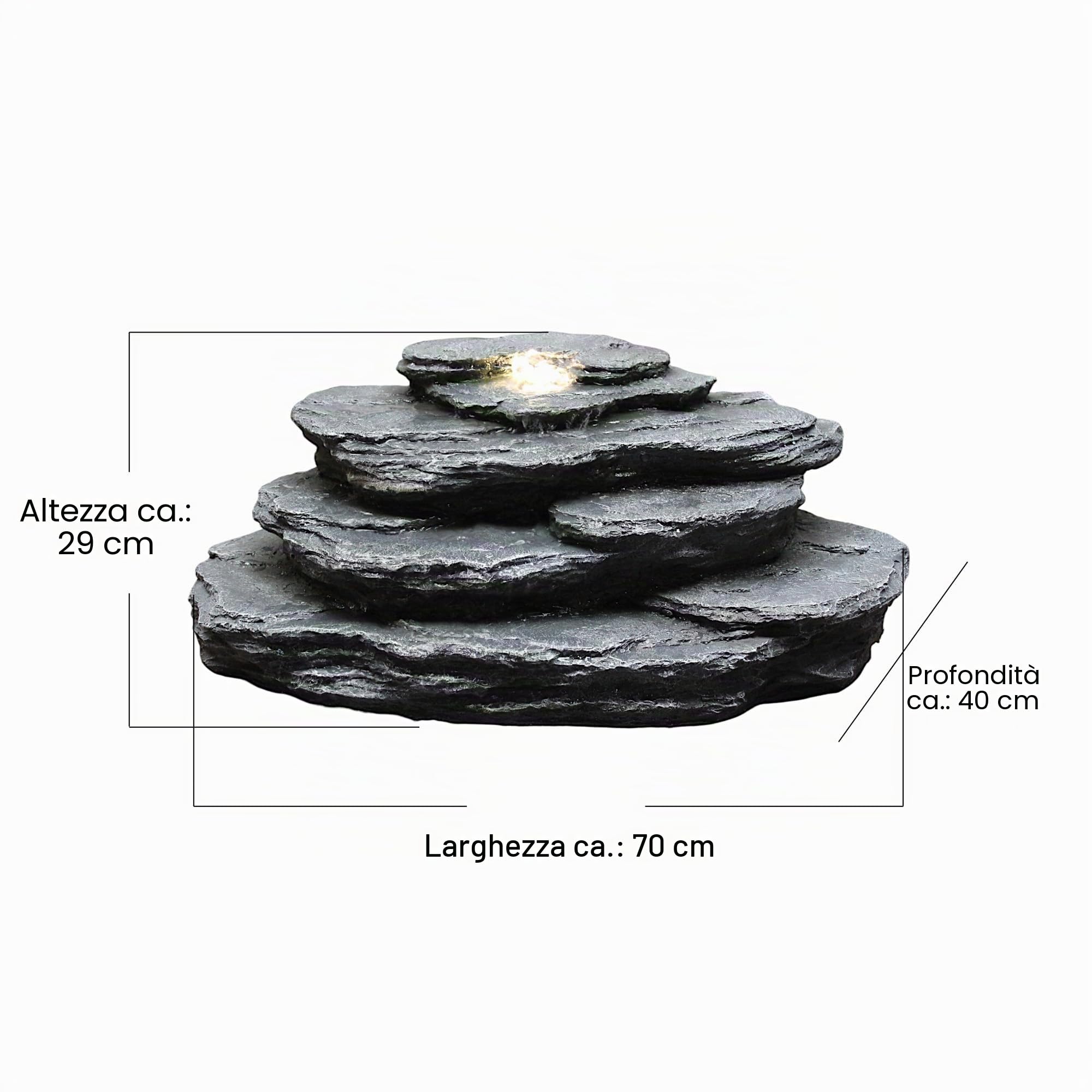 OG-KQS002 - Roccia per fontana artificiale con illuminazione a LED, aspetto pietra realistico, con tubo da 2 m, resistente alle intemperie, per laghetto e ruscello, effetto ardesia, fontana da