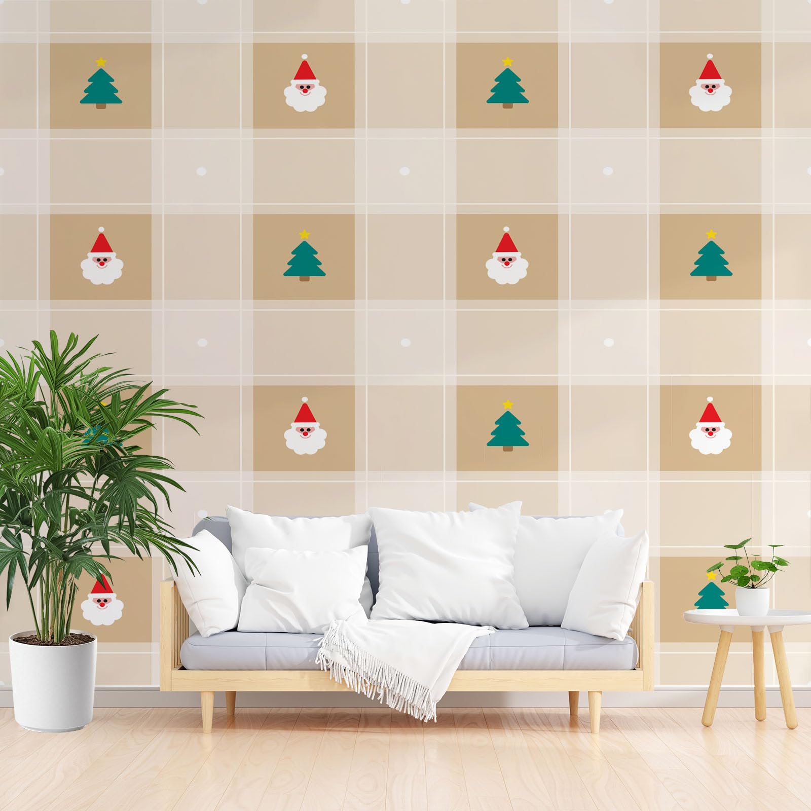 Papier Peint Panoramique Sapin de Noël Jaune Intissé aux motifs rayures et carreaux XXL