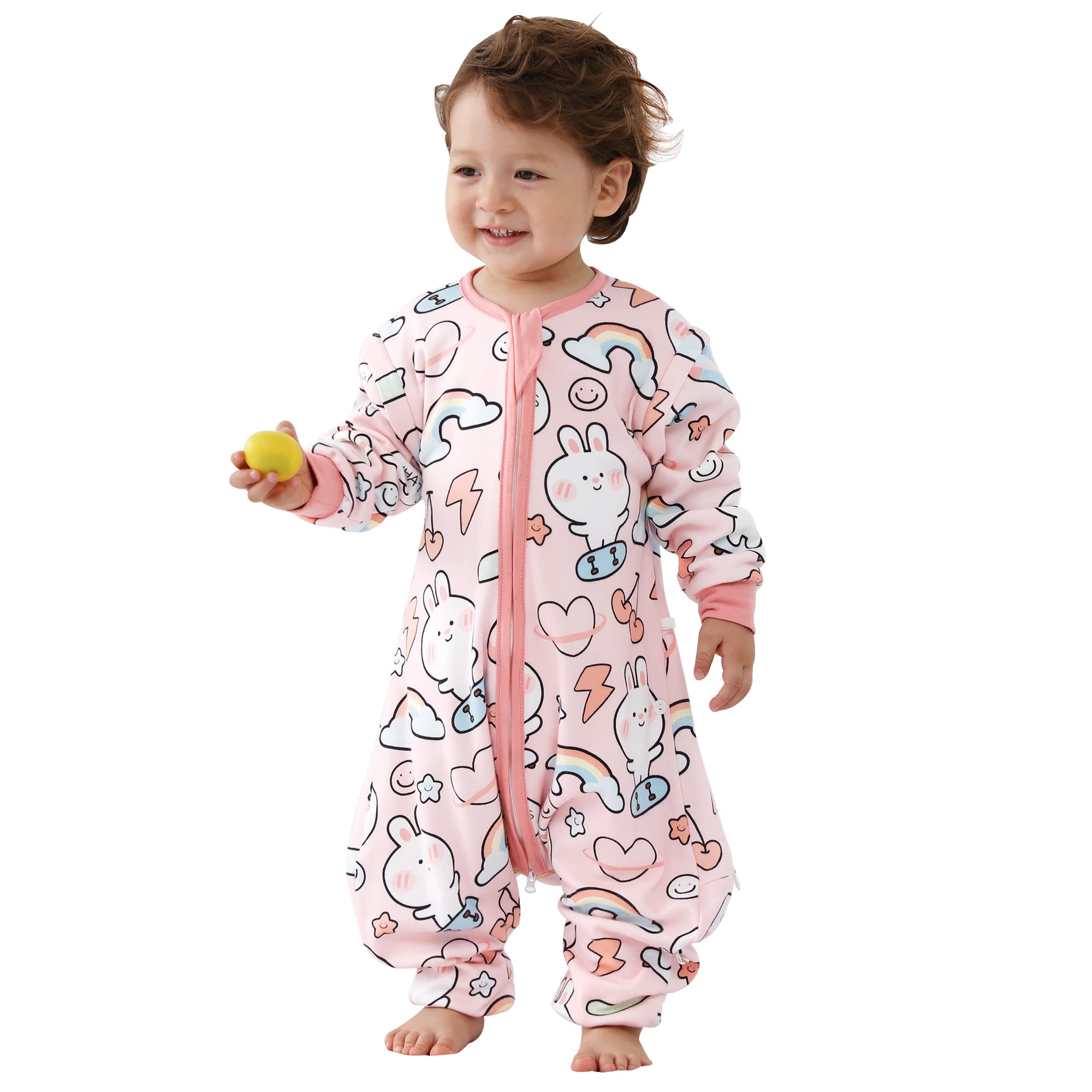 LILBESTIE Toddler Sleep Sack with Feet, 1.5 TOG Wearable Blanket with Long Sleeves 100% Cotton Baby Sleeping Bag, Rabbit, Large (3-5T)