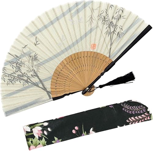 OMyTea Ventilador plegable de mano de Bamboo Forest para mujer, con una funda de tela para protección, estilo retro vintage chinojaponés para boda,