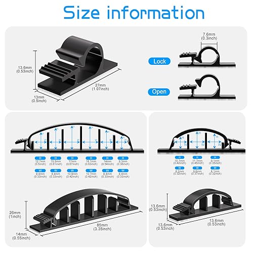Miniatura 2 de XHF Juego de 30 clips adhesivos para cables negros, organizador de cables para exteriores, organizador de cables para debajo del escritorio,