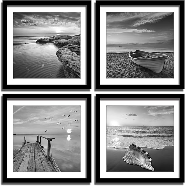 Black Prints Beach Picture Decor - Grey Seascape In Sunrise Paintings Set Of 4 Framed Card Paper Wall Art 12x12 Inches Romantic Sea Scenery Artwork for People Home Bedroom Bathroom Kitchen Decoration