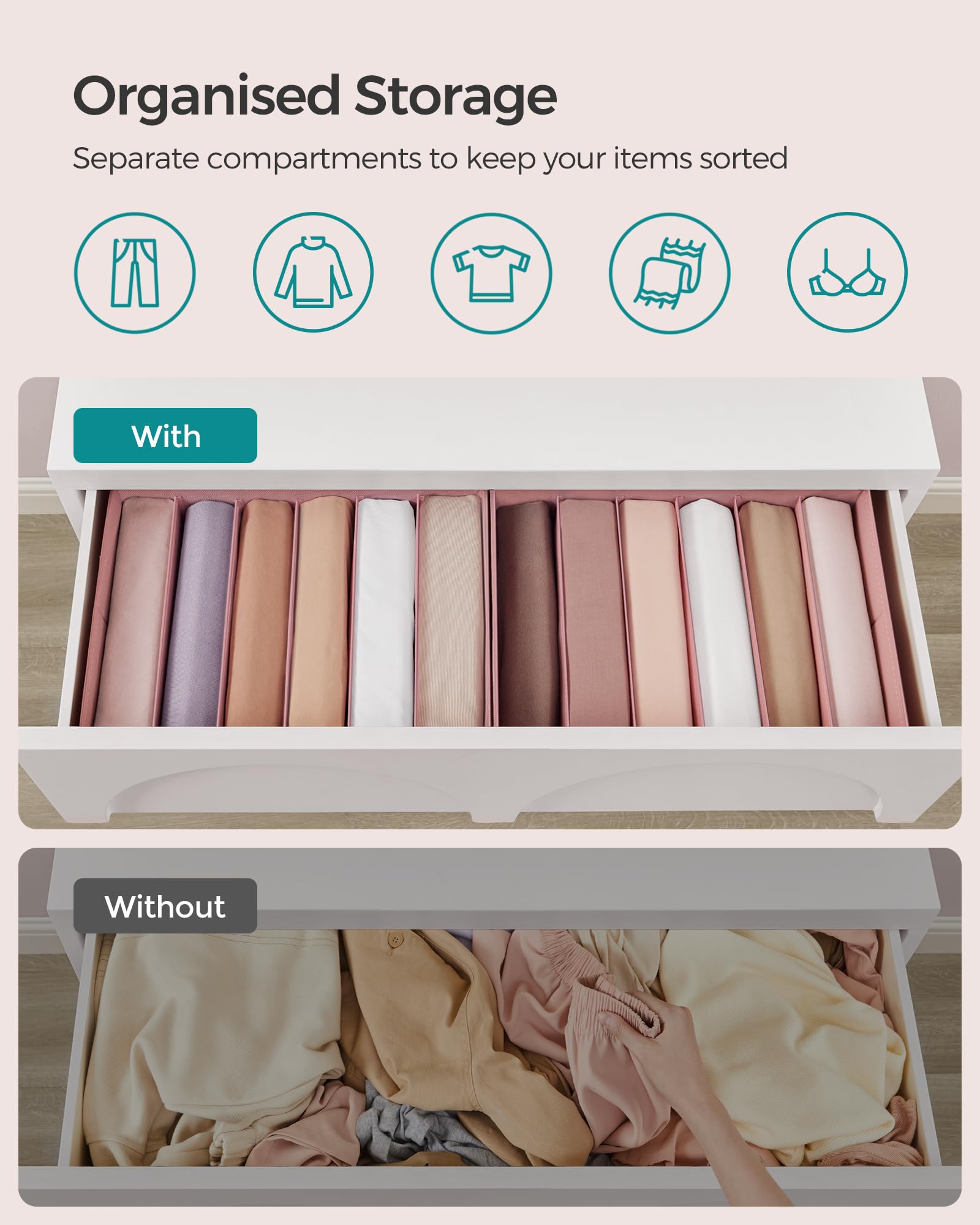 SONGMICS Set of 4 Drawer Organisers, 6-Compartment Closet Organisers, Foldable Wardrobe Clothes Organisers, 42 x 30 x 17 cm - Image 3