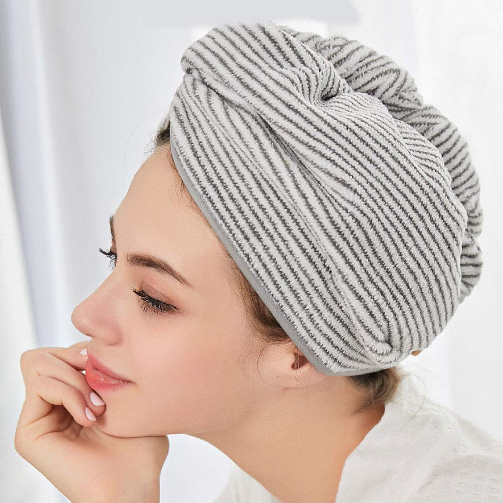 Bambou Microfibre Cheveux Serviette Wrap Gris Rayé Séchage Rapide Douche Turban Bonnet avec Bouton Super Absorbant Anti-Frisottis Bonnet de Bain pour Femmes Fille