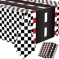 Vista 8 de 2 manteles de plástico desechables con diseño de automóvil de carreras, con diseño de bandera a cuadros negros, mantel rectangular para niños