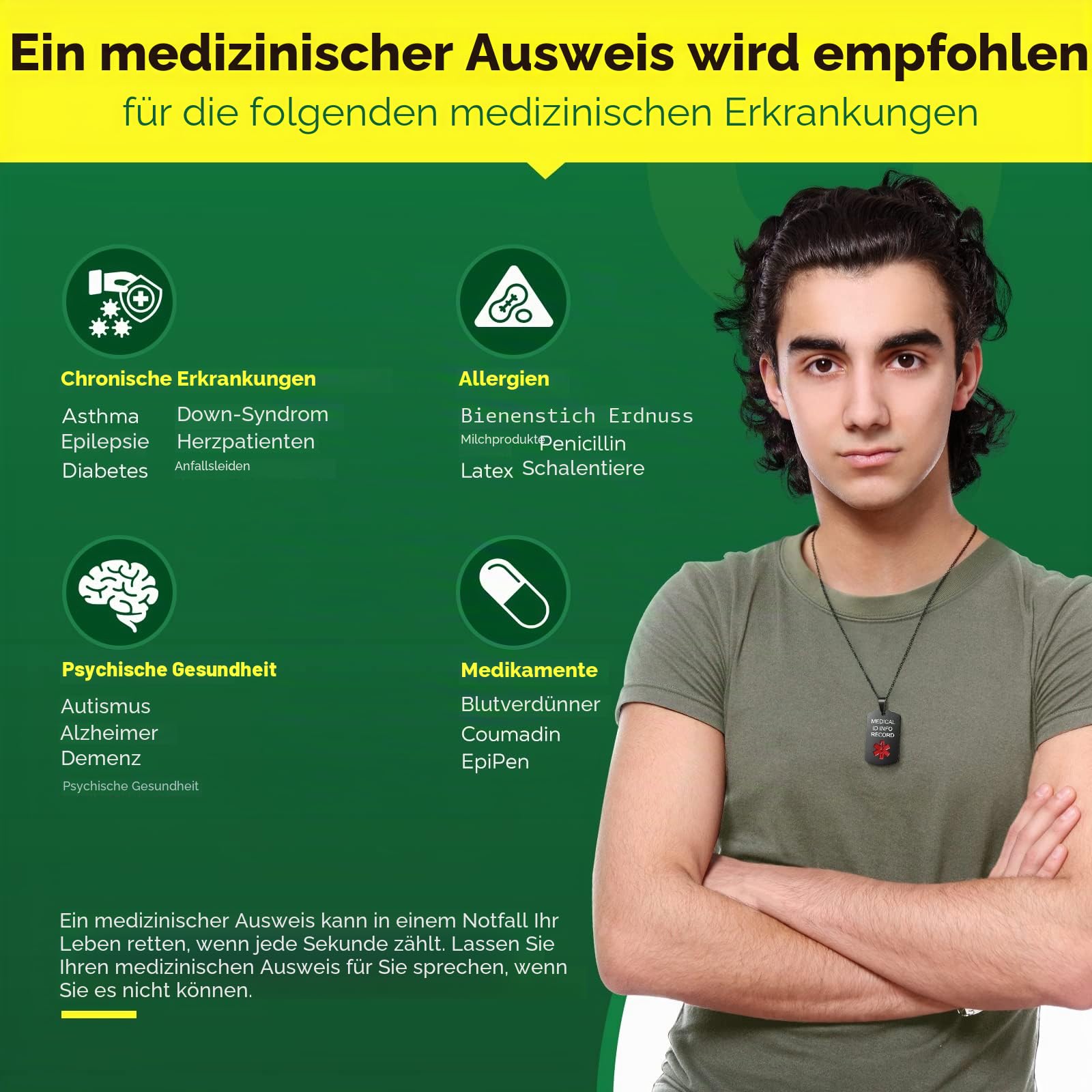 Medizinische Alert Halskette für Männer Frauen,19'' Kette graviert QR Code Medizinische ID Halskette für mehr Raum Benutzerdefinierte Online Notfall medizinische Info