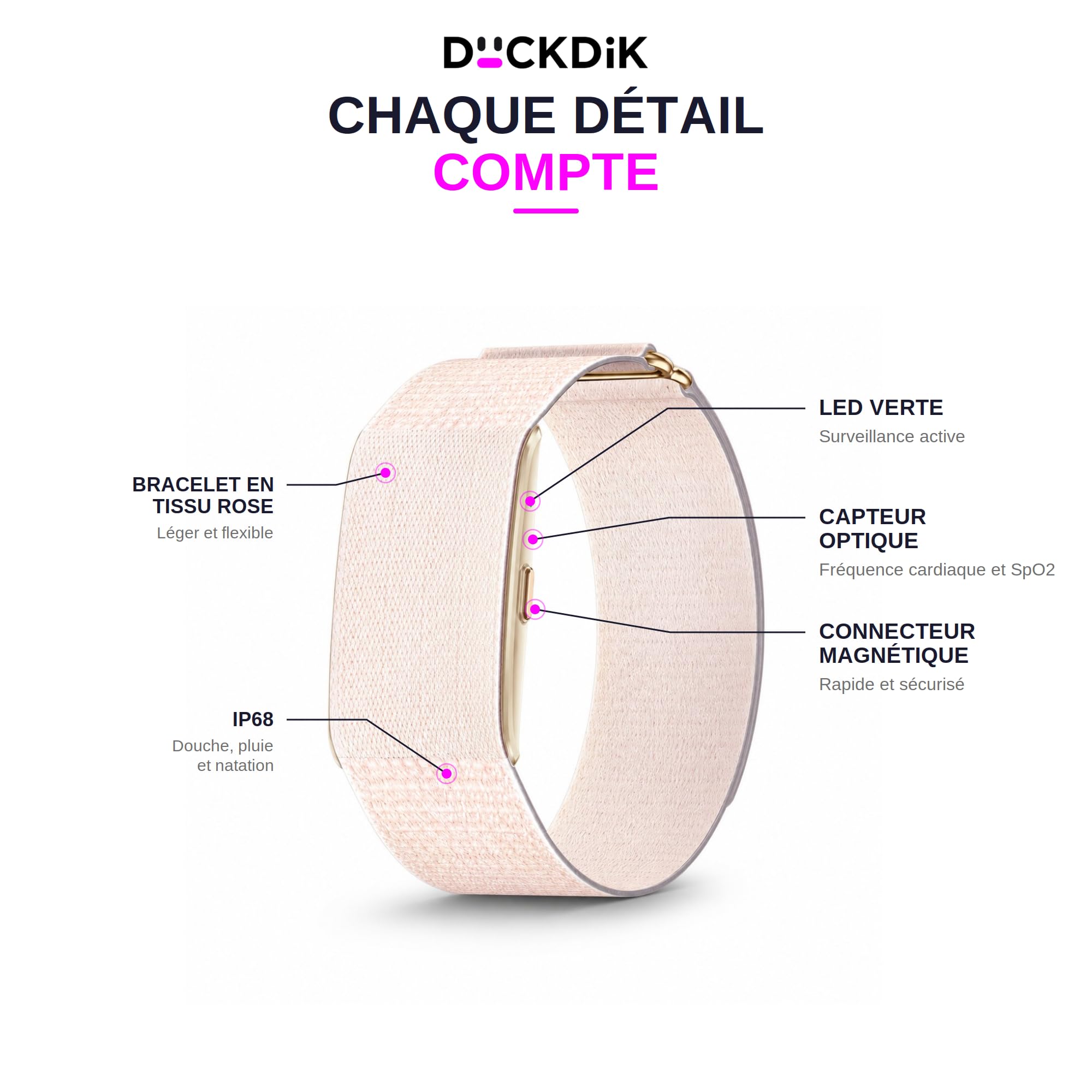 Sense Bracelet Connecté sans Écran Femme Homme, Conçu en Espagne, Coach IA, Suivi Sommeil Énergie Récupération, Fréquence Cardiaque 24/7 HRV SPO₂, IP68, +45 Jours, sans Abonnement, Rose