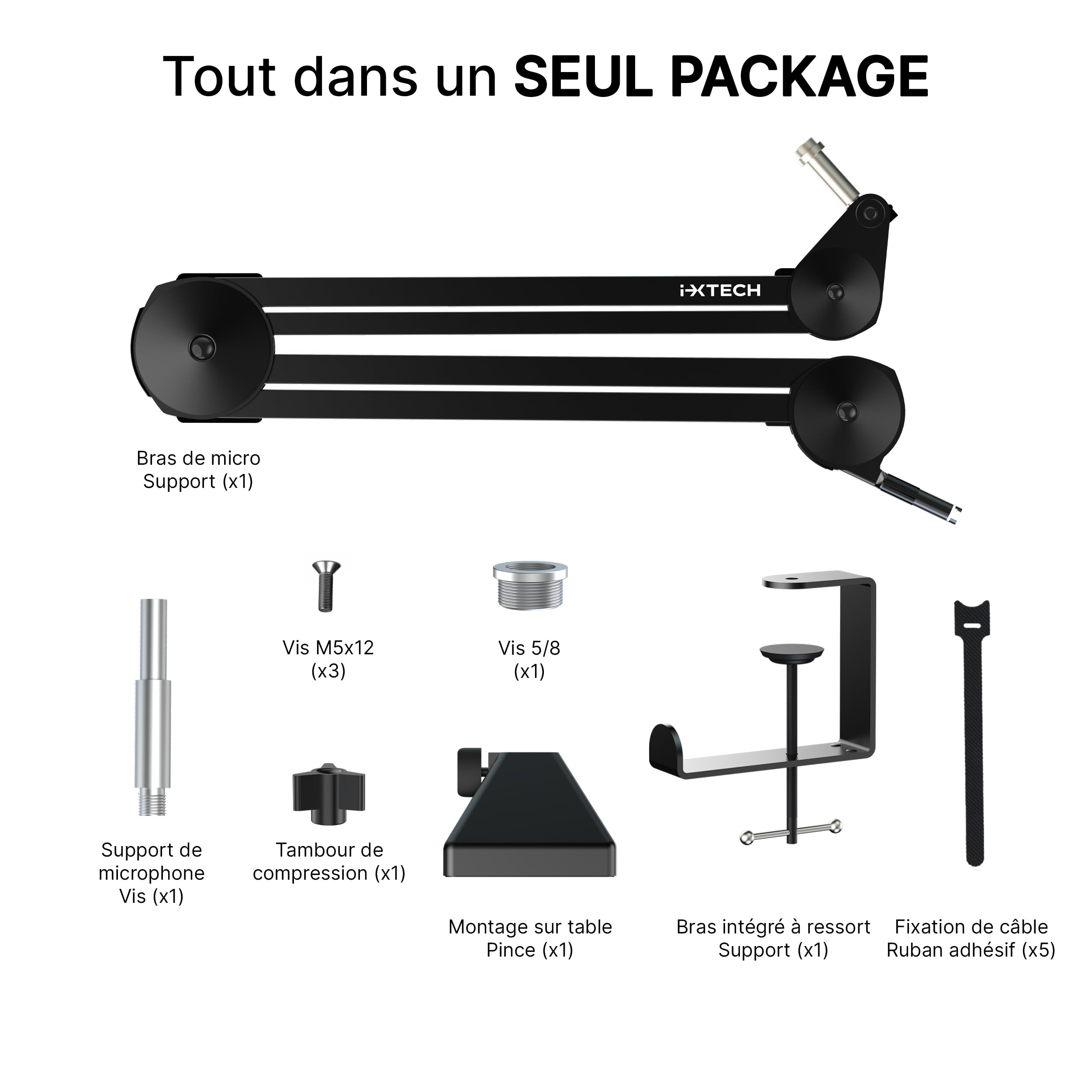 IXTECH Microphone Boom Arm stand, Support pour micro ajustable avec attaches, montant de bureau pour streaming, podcast et jeu (MÉDIAUX)