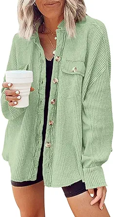 Yanekop Womens Waffle Knit Shacket Boyfriend Shirt Jacket Button Down Blouse Loose Fit Long Sleeve Tops
