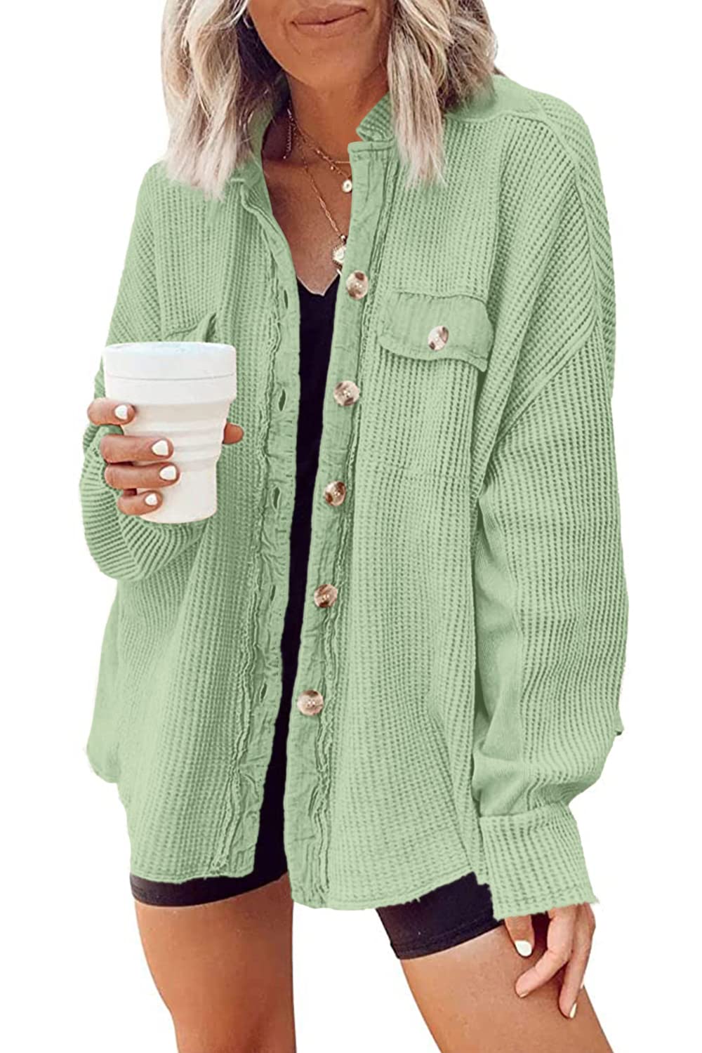 Yanekop Womens Waffle Knit Shacket Boyfriend Shirt Jacket Button Down Blouse Loose Fit Long Sleeve Tops