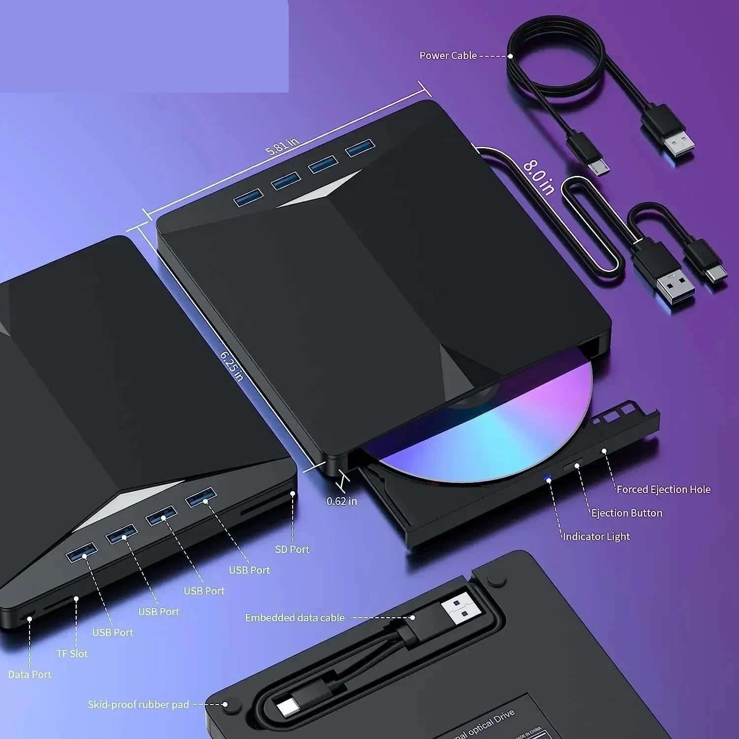 Lecteur DVD portatif, Lecteur de Lecteur graveur CD DVD RW Externe 7 en 1 USB 3.0 Type-c Plateau lecteurs optiques