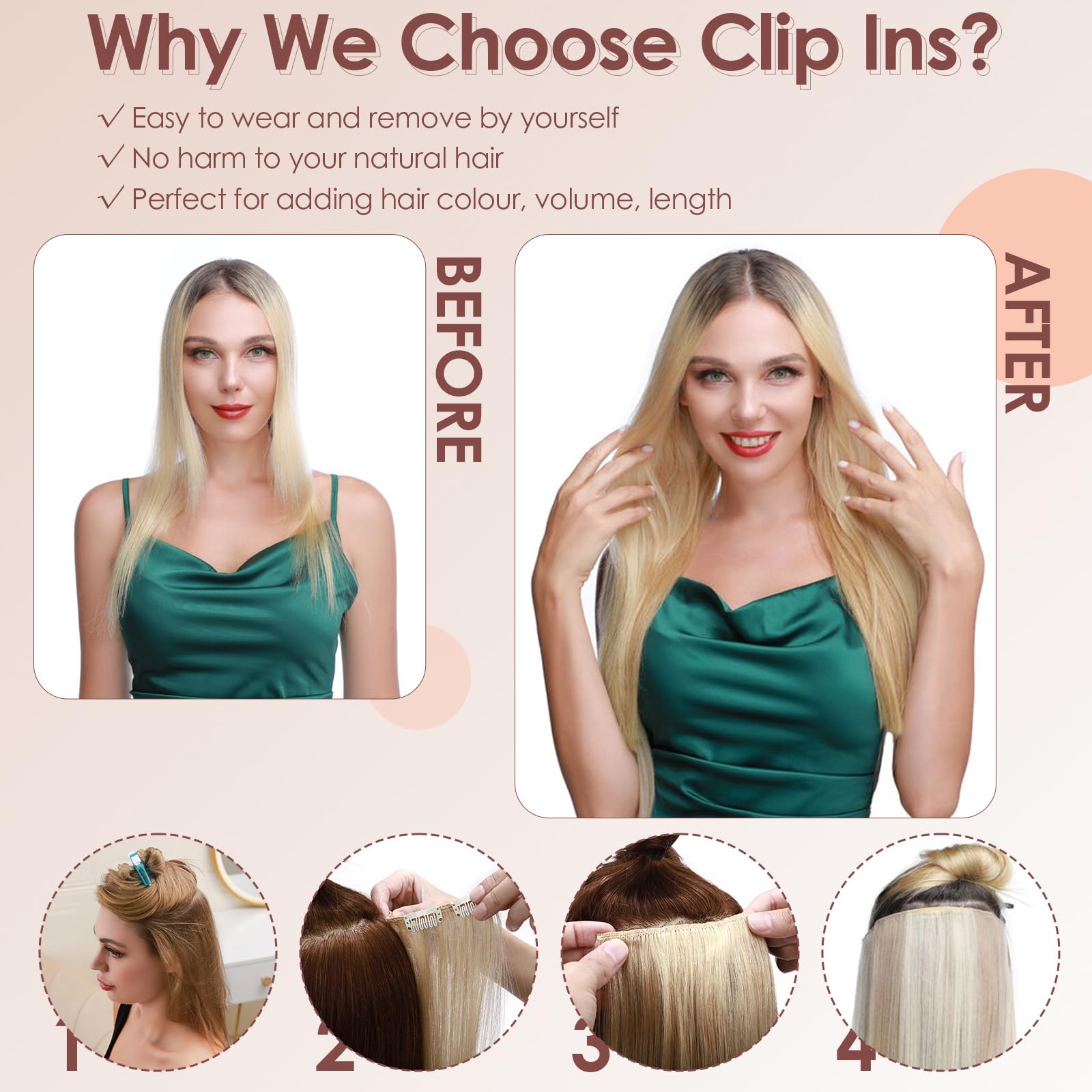 Benehair Human Hair Clip in Extensions #60 Platinum Blonde Real Remy Hair Extensions Clip in Long Double Weft Straight Hairpieces for Full Head Seamless 8 Pcs Set including 18 Clips 22 Inch (75 g) - Image 2