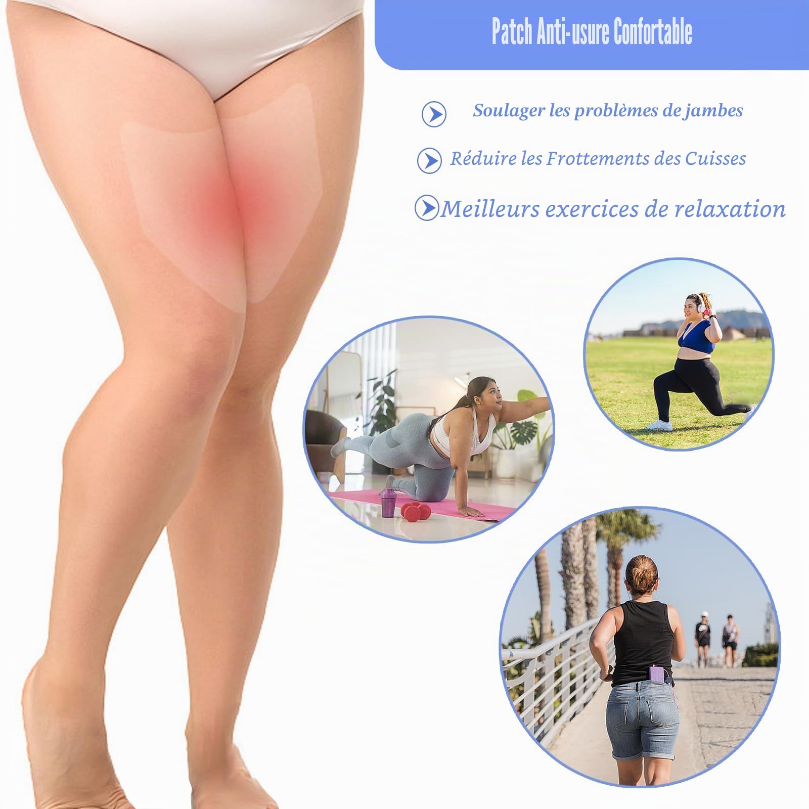 Lot de 10 autocollants anti-frottement pour l'intérieur de la cuisse, coussinets anti-friction, bandes invisibles de cuisse, patchs de protection transparents pour la peau