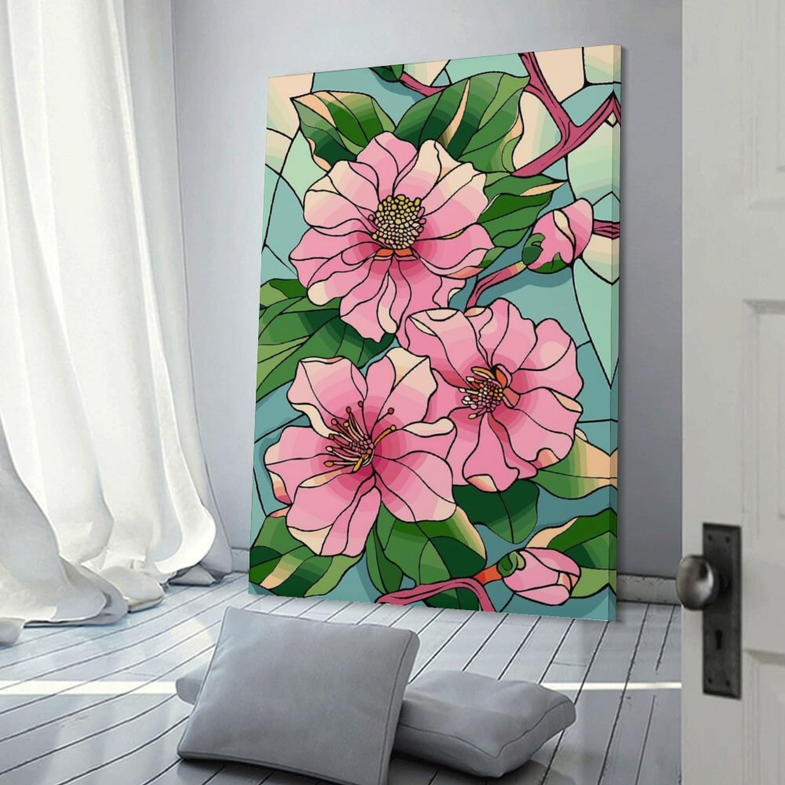 Junmoney Stained Glass Pink Flowers And Leaves Canvas Wall Decor 16x24inch(40x60cm), for Calm Bedrooms, Home Corners Or Flats, An Easy Wall Refresh for Bedrooms