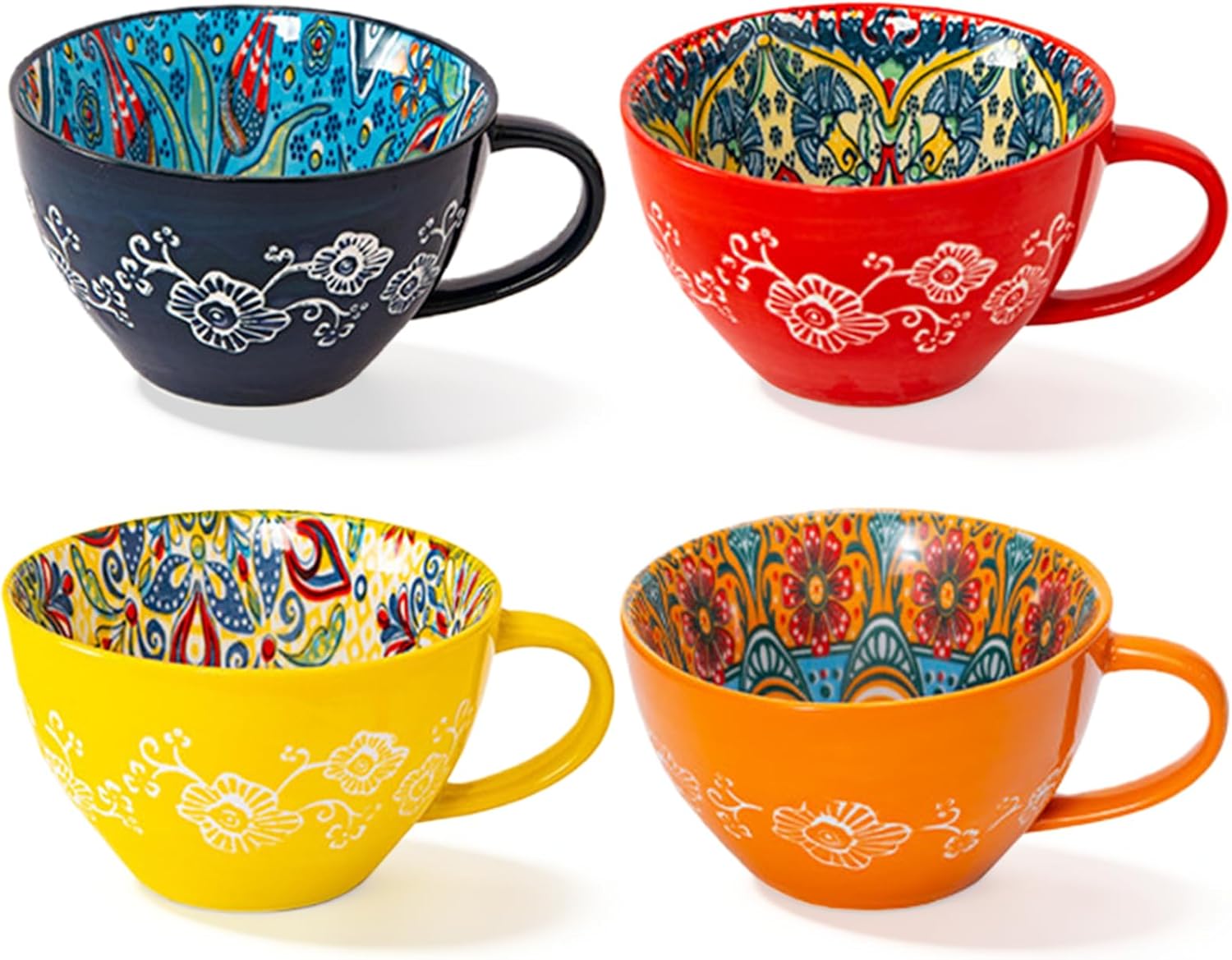 4 Bohemian ceramic mugs, high-value and large-capacity! 13.5 oz home version, suitable for milk, oatmeal, coffee, microwaveable, suitable for drinking and beverages, practical and good-looking