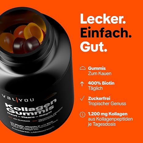 VALYOU Collagen Rubbers • Sugar Free • 60 Gummies • 1200 mg Collagen from Collagen Peptides + Biotin • Zinc for Skin Hair Nails • Tropical Fruit Flavour • Made in Germany • Laboratory Tested