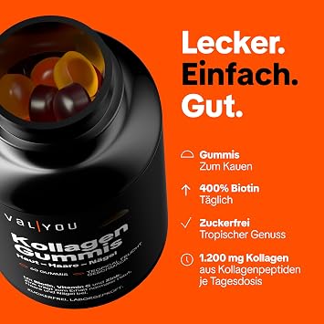 VALYOU Collagen Rubbers • Sugar Free • 60 Gummies • 1200 mg Collagen from Collagen Peptides + Biotin • Zinc for Skin Hair Nails • Tropical Fruit Flavour • Made in Germany • Laboratory Tested