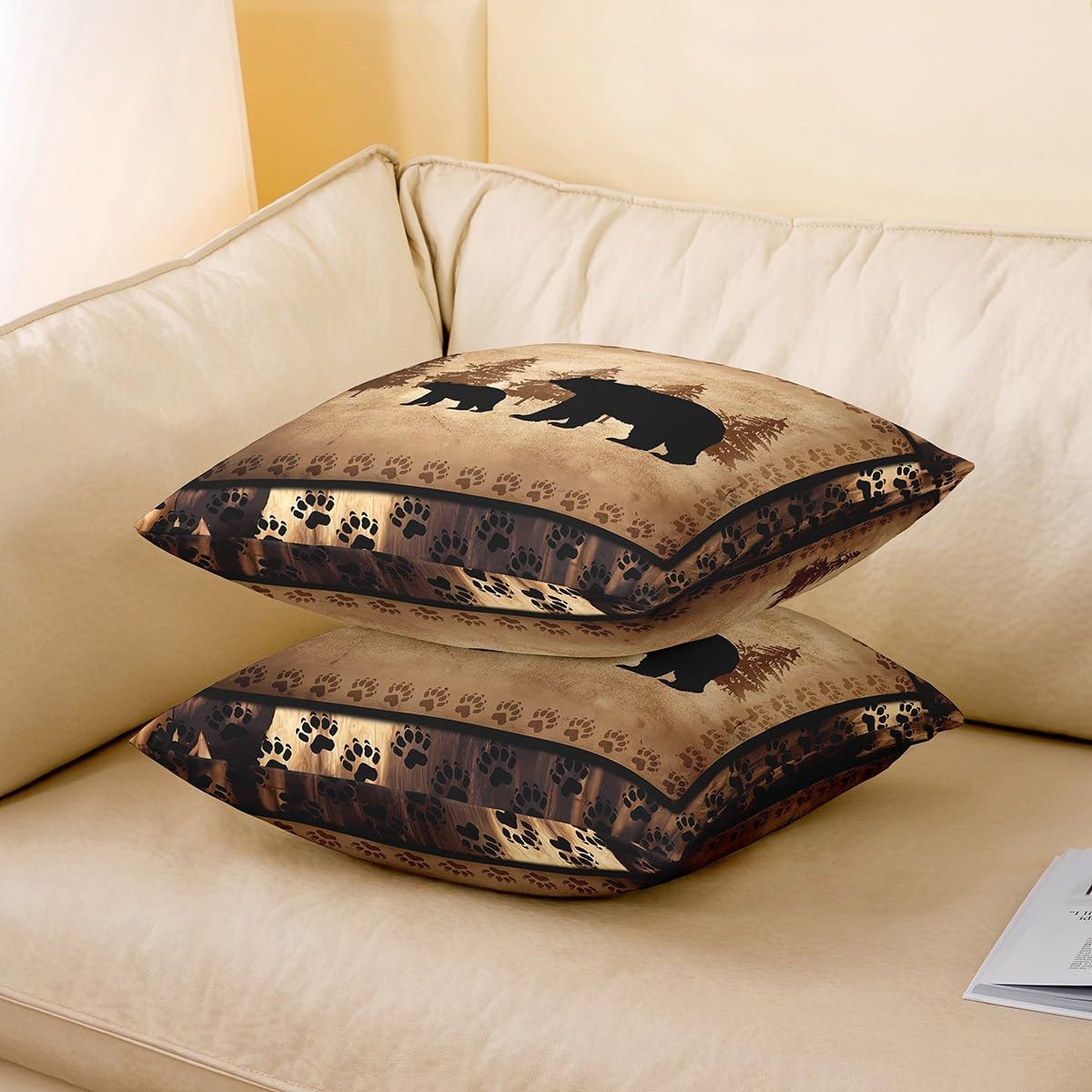 Bear Throw Pillow Covers 16"x16" Set of 4 Soft Wild Animal Cushion Covers for for Couch Sofa Rustic Cabin Country Nature Wildlife Bear Tree Yellow Brown Decorative Pillowcases Outdoor Pillows Covers