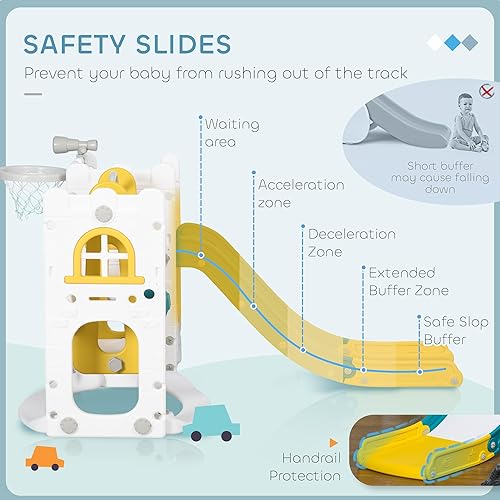 Miniatura 4 de Qaba Juego de tobogán y columpio 6 en 1, parque infantil para niños de 1 a 3 años con aro de baloncesto, escalador, espacio de almacenamiento,