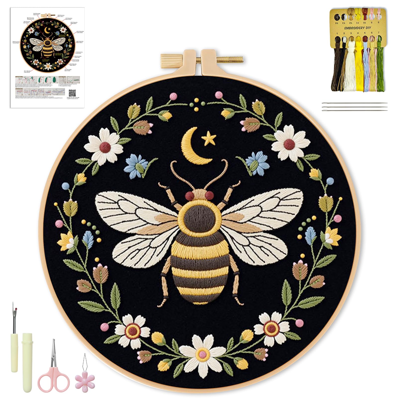 WIVLAX Embroidery Kit for Beginners, Bee Flower Embroidery Starter Kit, DIY Needlework Craft Kit with Hoop, Threads, Needles & Pattern, Easy Sewing Embroidery Kit Gift for Women