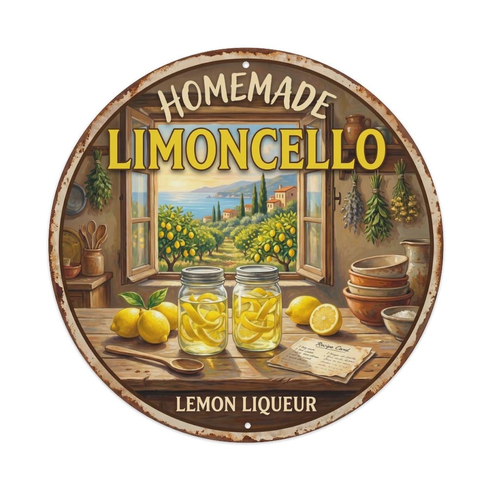 Fqcyn Style Homemade Limoncello Recipe Metal Tin Sign Plaque Wall Decor For Cafe, Club Bar, Office, Home Garden Round Metal Poster 8X8inch