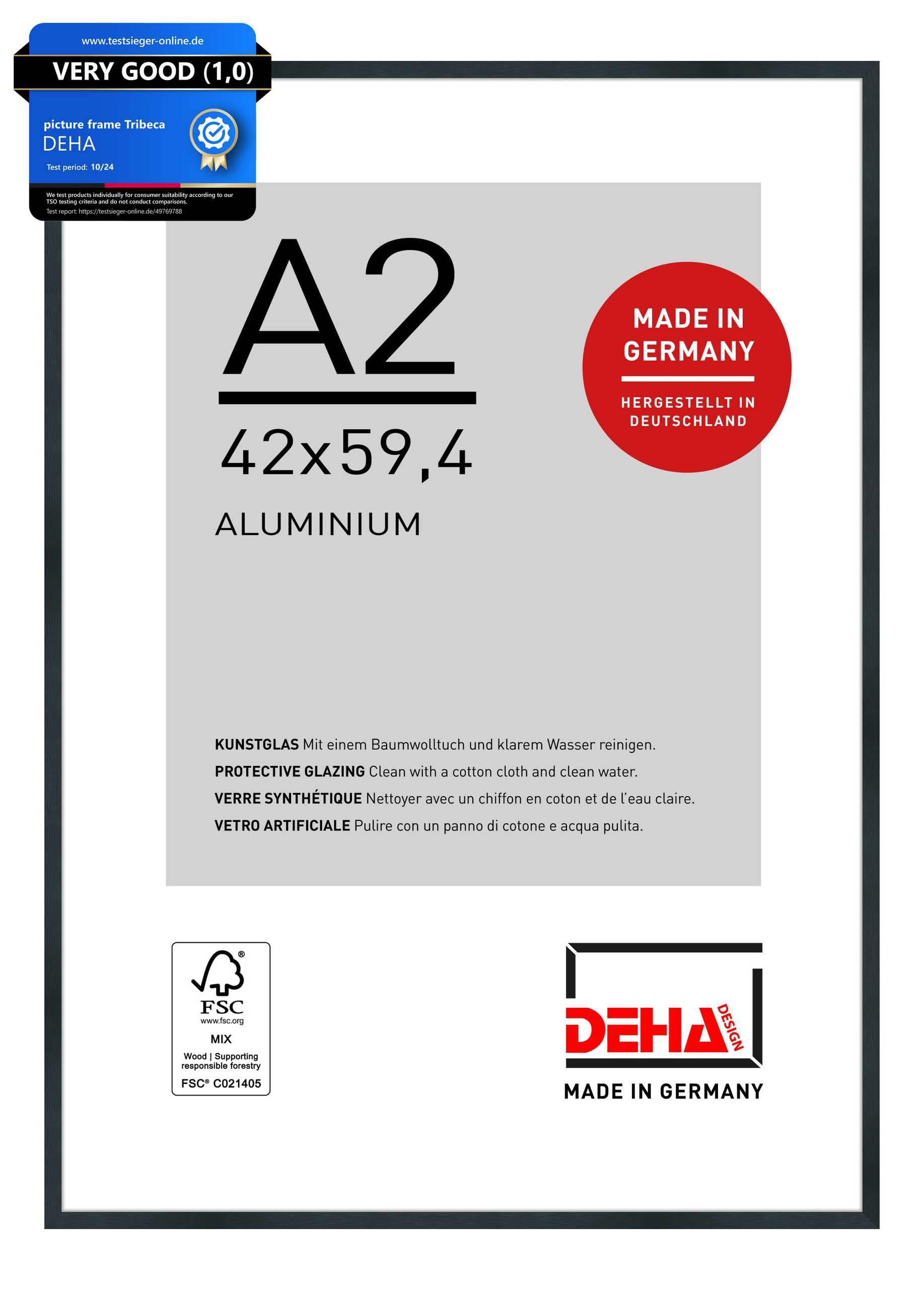DEHA Design Tribeca Aluminium Picture Frame - A2 (42x59.4 cm) – Brushed Black - with Synthetic Glass and Push/Turn Clips