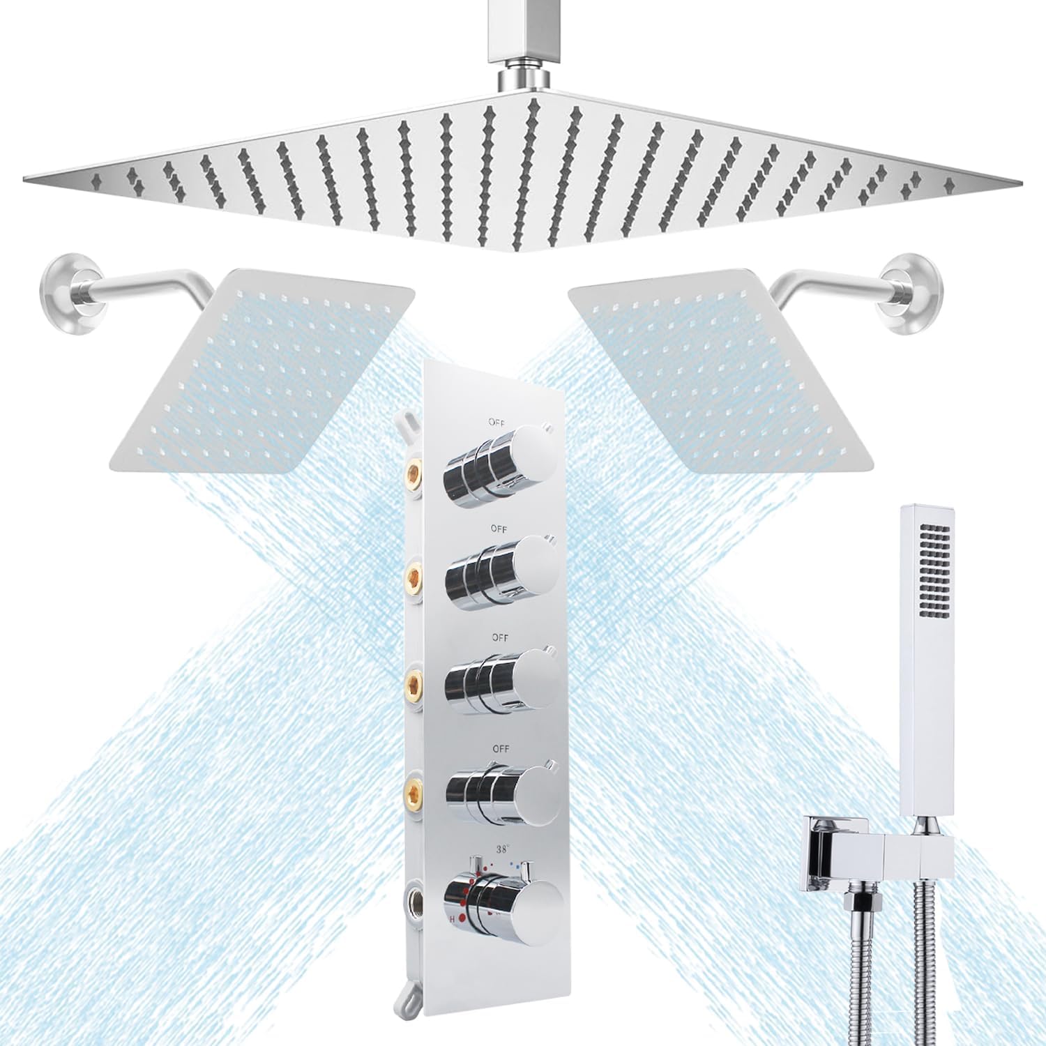 Black Thermostatic Shower System three Shower Heads with 16" Ceiling Mounted Rain Shower Head & 2 x 6" Wall Mounted Head 4 Function Full Body Shower System Can All Run Together