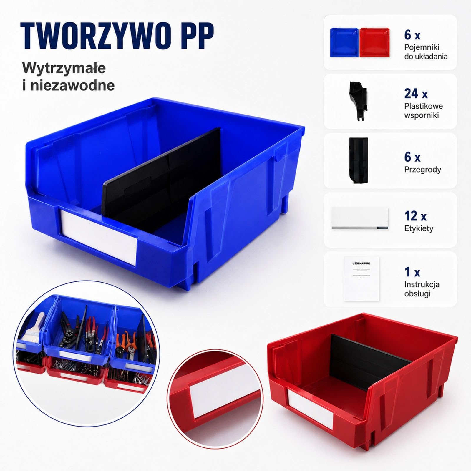 Zestaw 6 plastikowych pudełek do przechowywania, składanych, niebieskich i czerwonych, z otwartym przodem do regału