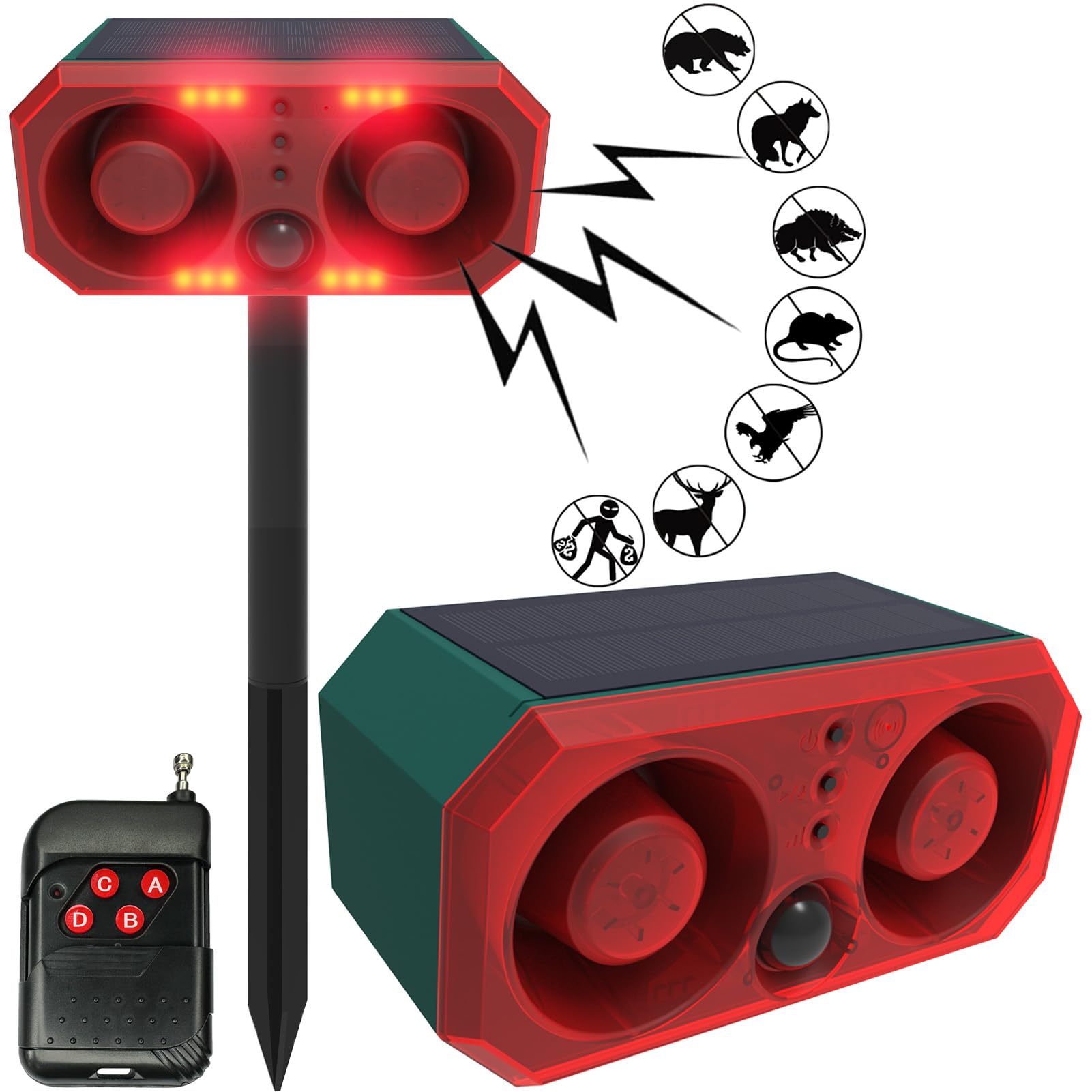 Solar-Outdoor Motion Sensor Alarm - 130db Motion Detector Alarm Light,with Remote Controller for Home, Villa,Yard,Chicken coop,Farm,Barn