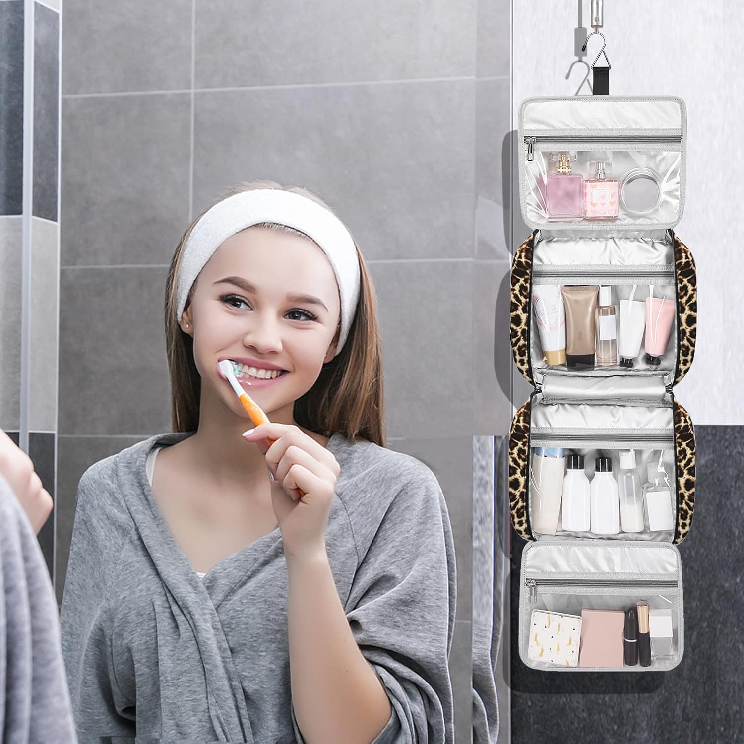 Bosidu Hanging Travel Toiletry Bag,Large Capacity Cosmetic Travel Toiletry Organizer for Women with 4 Compartments & 1 Sturdy Hook,Perfect for Travel/Daily Use/Christmas