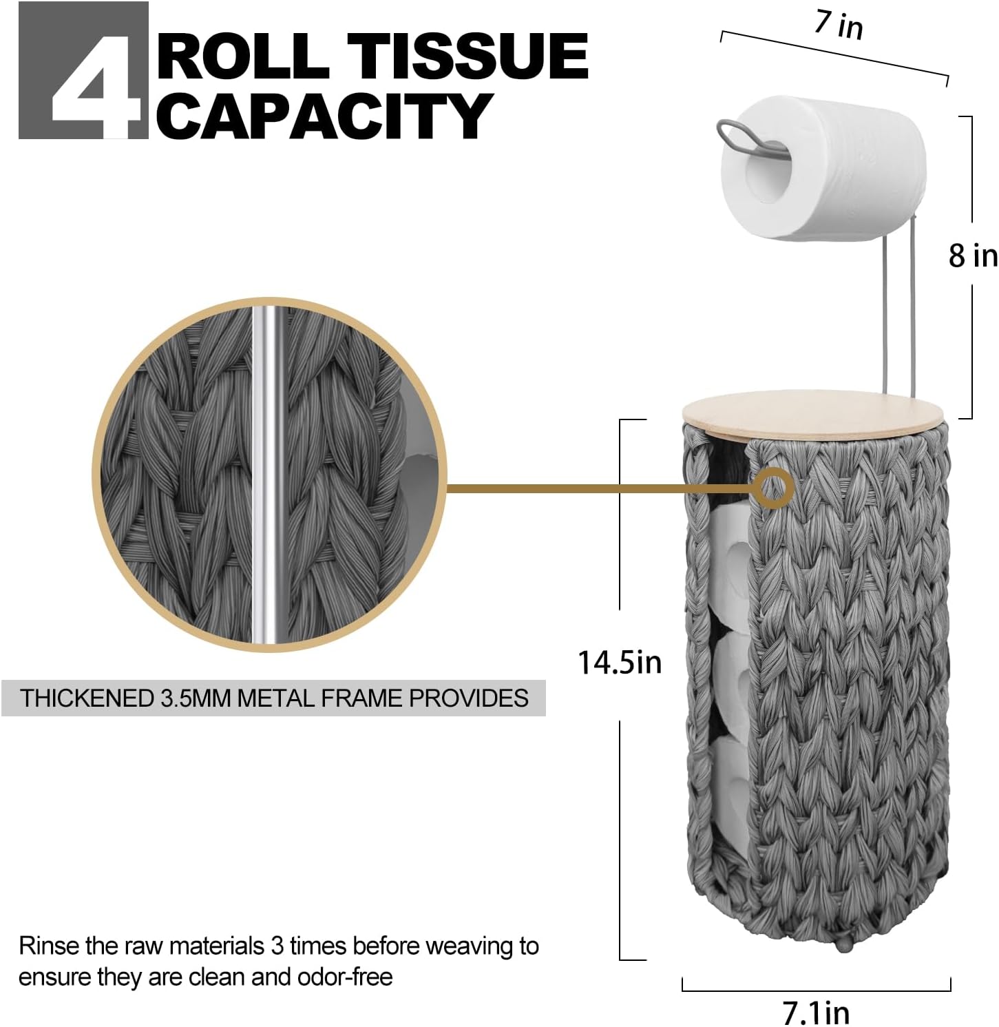 Coeusy Grey Toilet Paper Holder Stand,4 Rolls of Toilet Tissue Storage for Bathroom Floor,Plastic Wicker Woven Toilet Paper Storage with Wooden Lid,Free Standing