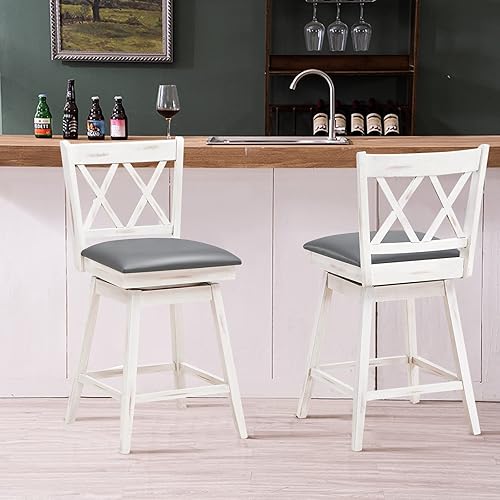 Miniatura 2 de COSTWAY Juego de 2 taburetes de bar giratorios de 360° de altura de mostrador de 25 pulgadas con reposapiés, cojín tapizado y respaldo ergonómico,