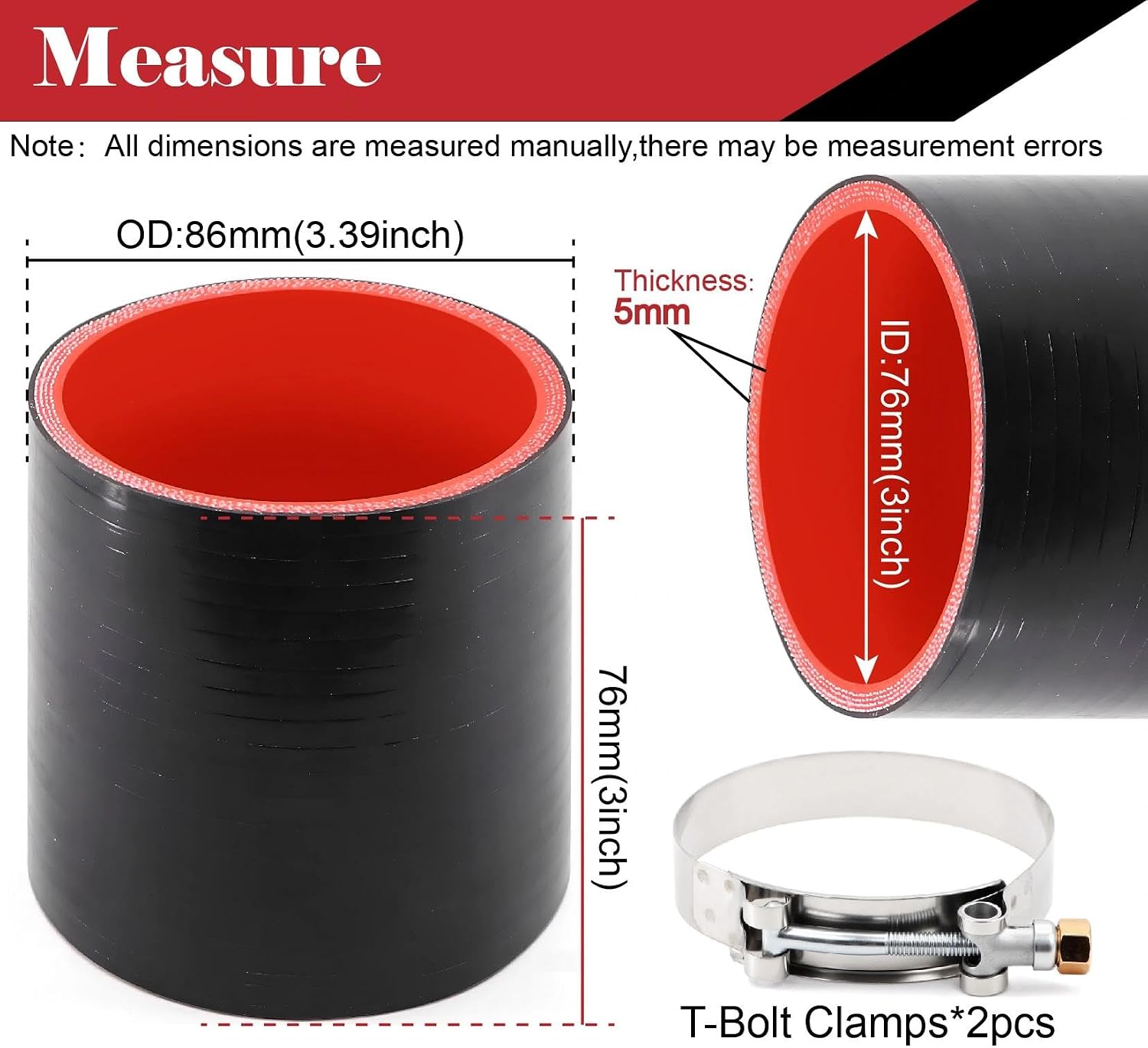 Silicone Straight Hose 3 inch(76mm) Coupler, Rubber 4-ply Reinforced 3 inch Length Pipe 3×3 Air Intake Exhaust Hose Turbo Intercooler Coolant Radiator Tubing with Stainless Steel T-Bolt Clamps