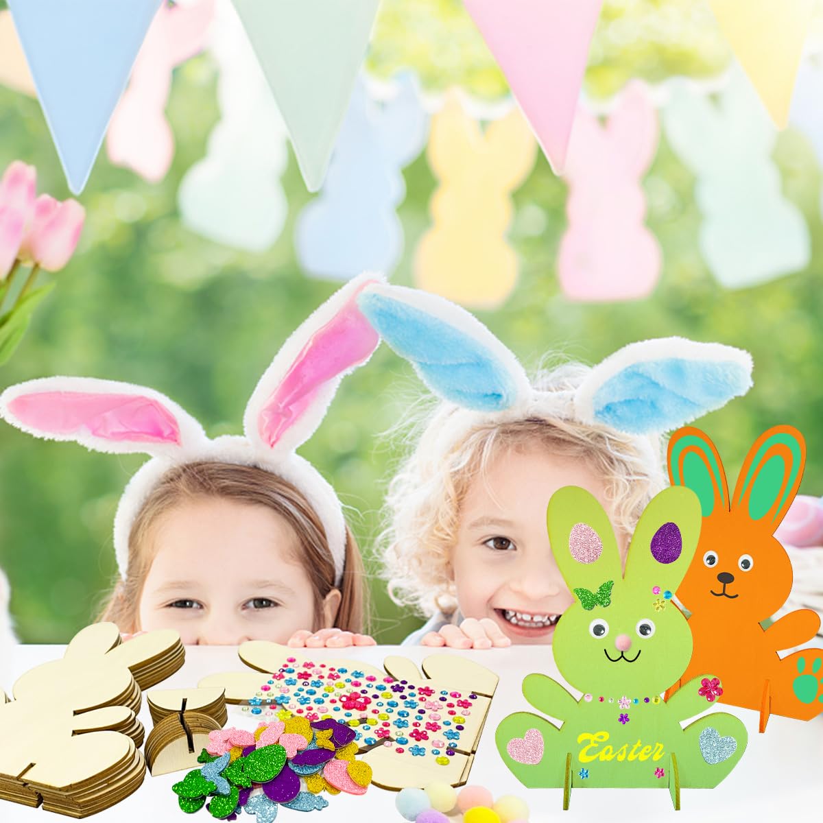 Funmo Oster-Bastelset – 75 Teile Mit Holzhasen, Pompons & Glitzersteinen Für Kinder