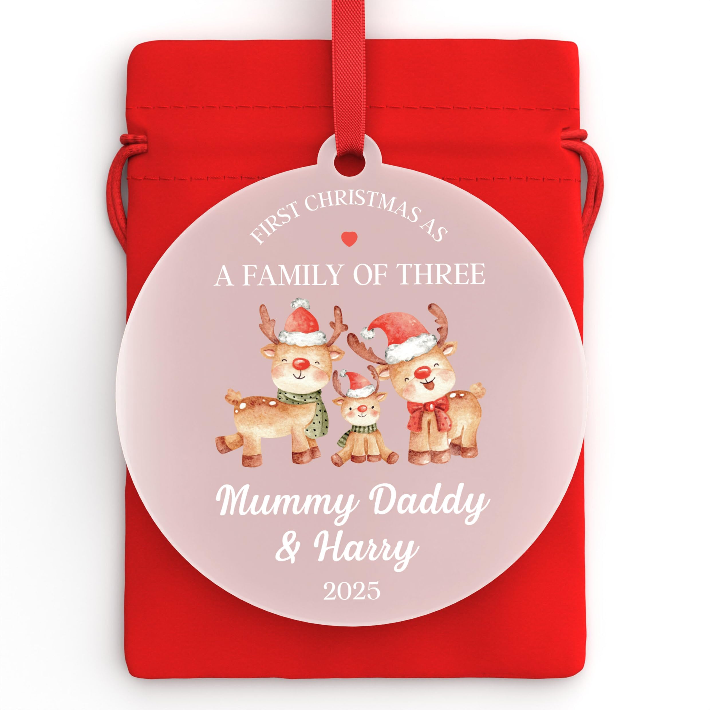 Beecreative First Christmas As A Family Of Three - First Christmas Family Of 3 - Reindeer Family Christmas Decoration - New Baby Parents Gift - With Red Bag