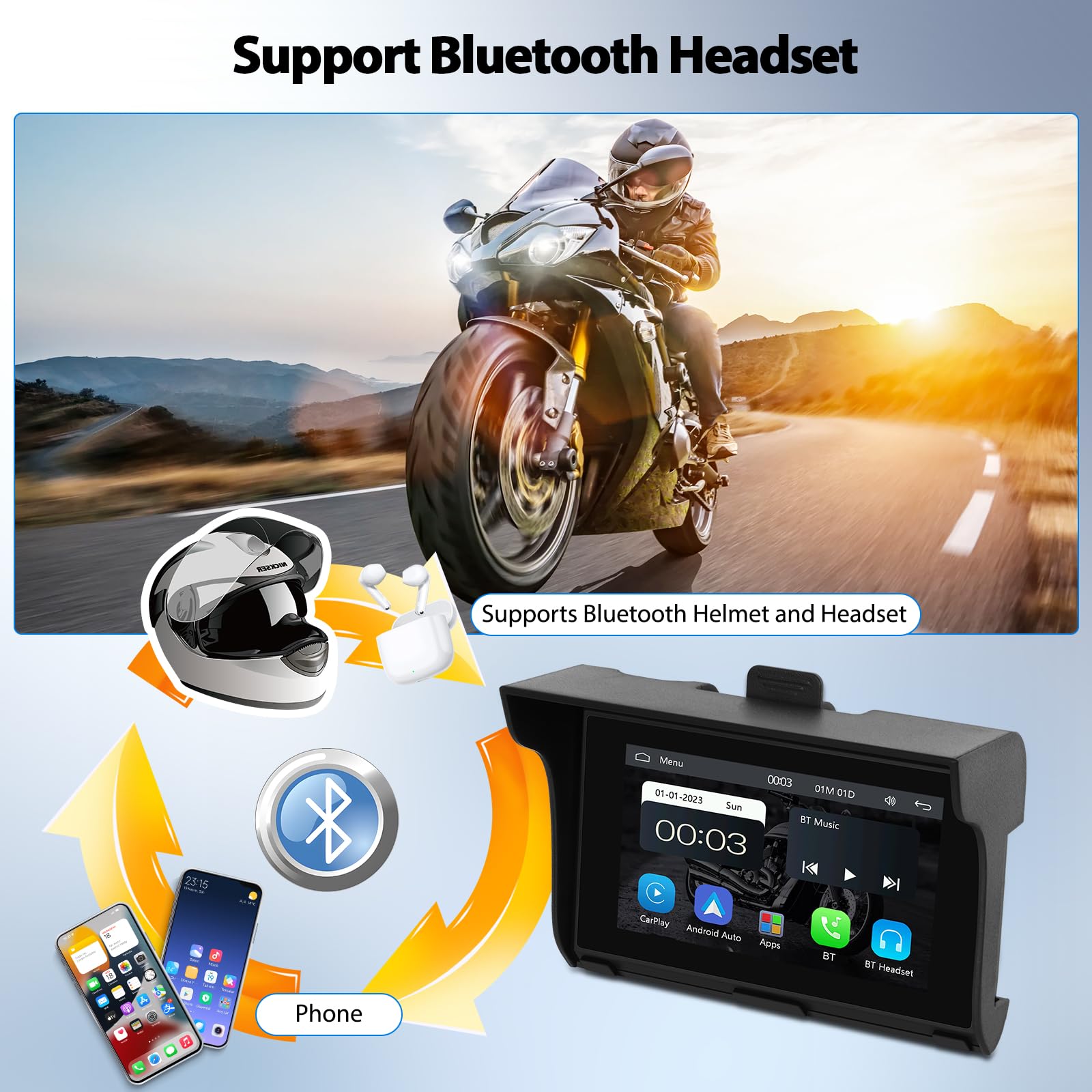 CAMECHO Motorrad GPS Carplay Bildschirm, Kabelloses CarPlay und Android Auto, Tragbarer 7 Zoll Wasserdichter Bluetooth Touchscreen mit Dual Bluetooth, EQ, Navigation, Siri