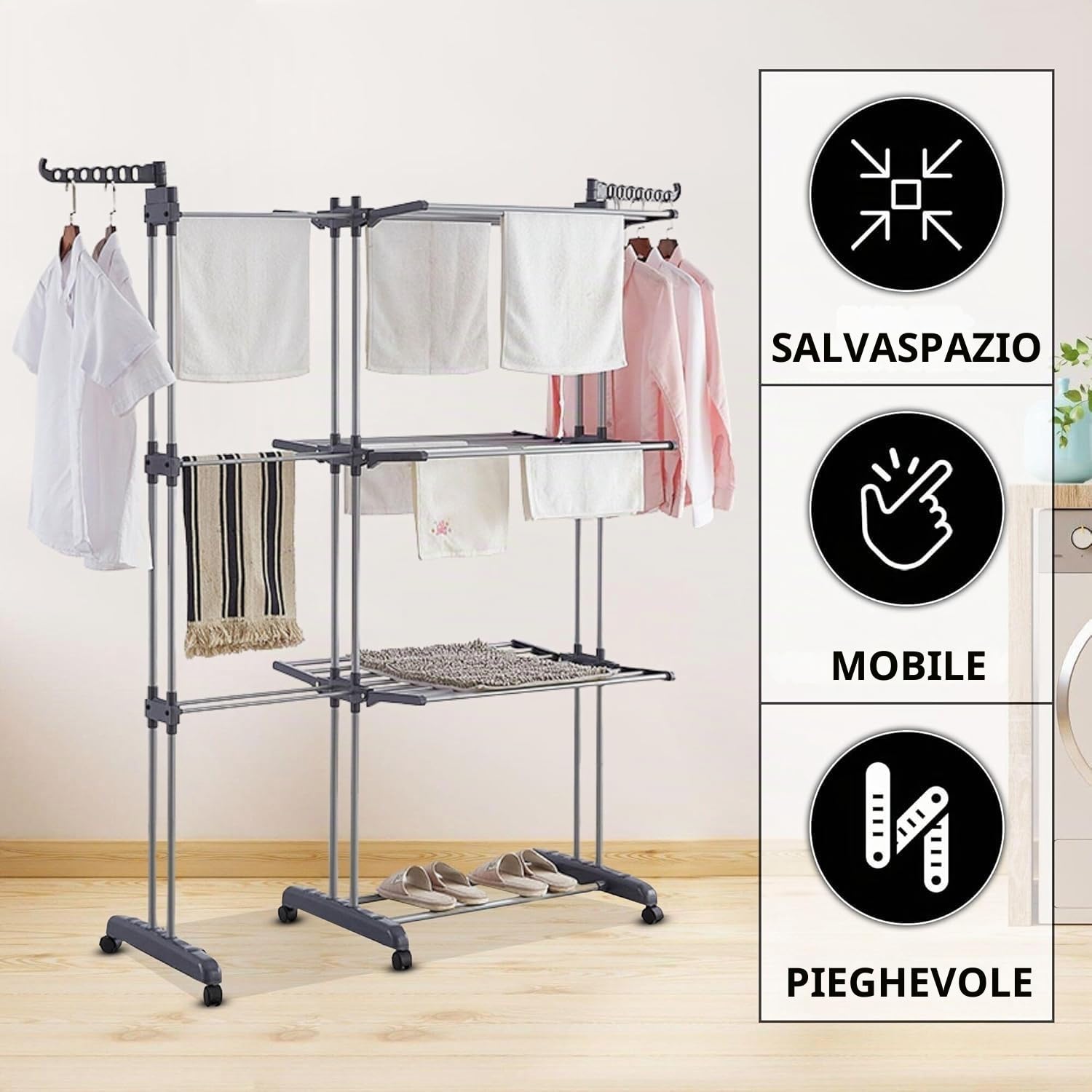 Vonia Stendibiancheria A Doppia Torre Xl - Stendibiancheria Pieghevole A 3 Ripiani Con Ruote | Stendini Da 150 Cm E Appendiabiti | Stendini Resistente - Grigio