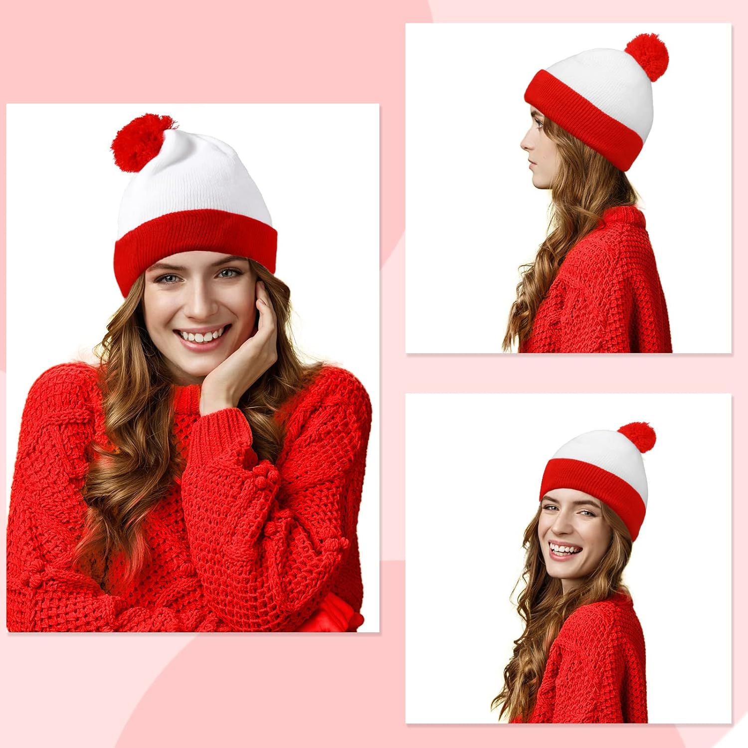 Yaomiao Christmas Hat Red White Beanie Pom Pom Cuff Knit Beanies Xmas Winter Hat for Men Women Adult