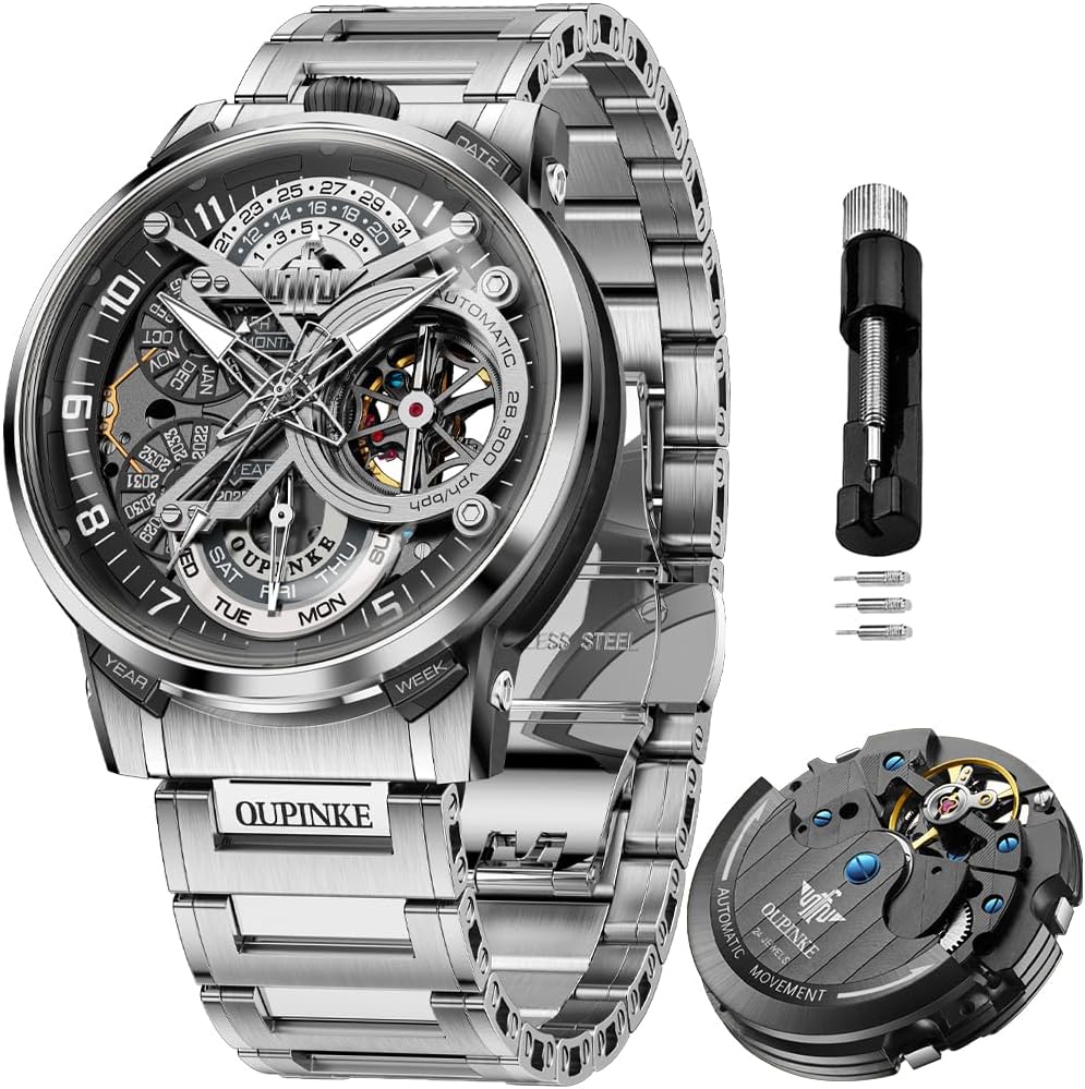 OLEVS Watches for Men Skeleton Automatic Mechanical Self Winding Luxury Dress Mens Watch Stainless Steel Waterproof Luminous Wirstwatch Gift for Male