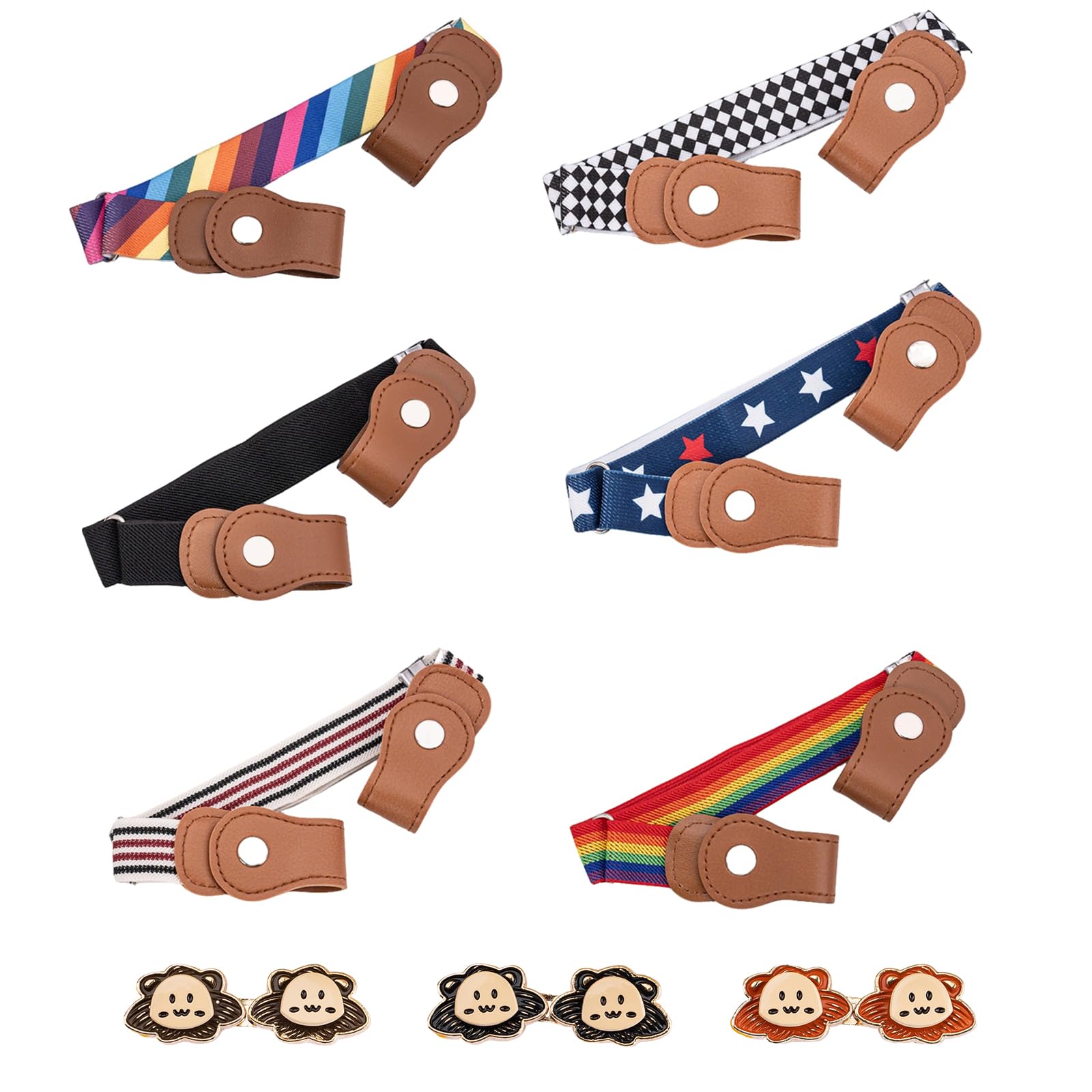 Cinturón de Niños Ajustable Elástico Sin Hebilla, 6 Colores + 3 Pares de Hebillas, 35-51 cm