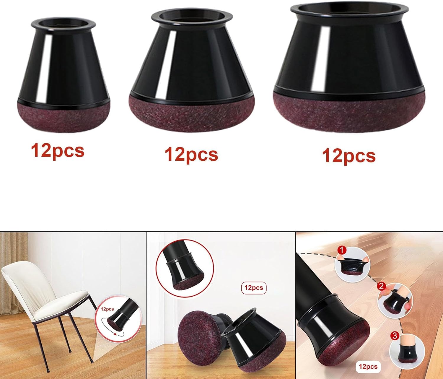 LOOM TREE® 12Pcs Chair Leg Floor Protector with Felt Antislip Thickening Chair Leg Caps Small