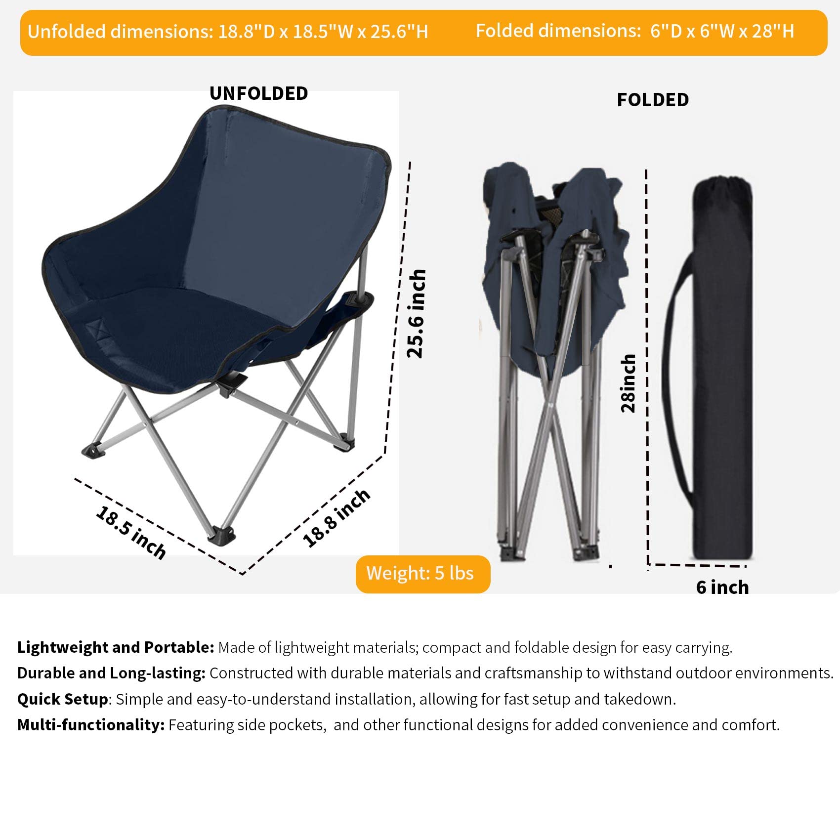 MRTLLOA Portable Folding Camping Chairs, Thicken 600D Oxford, Compact Backpacking Chairs Support 300 LBS, Lightweight for Hiking, Beach, Fishing(Navy Blue)