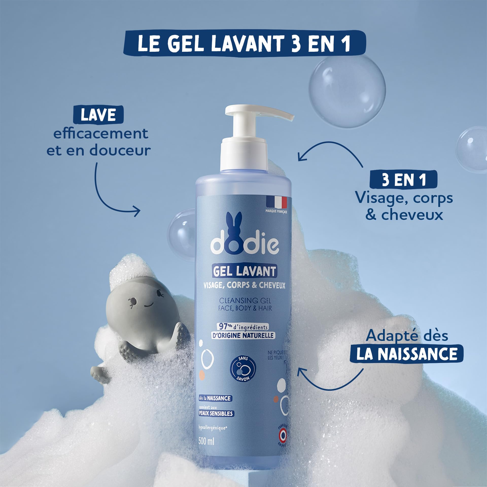 DODIE Gel Lavant 3 en 1 (500 mL) - Nettoyant Visage, Corps et Cheveux - 92% d’ingrédients d’origine naturelle, Hypoallergénique - Dès la naissance