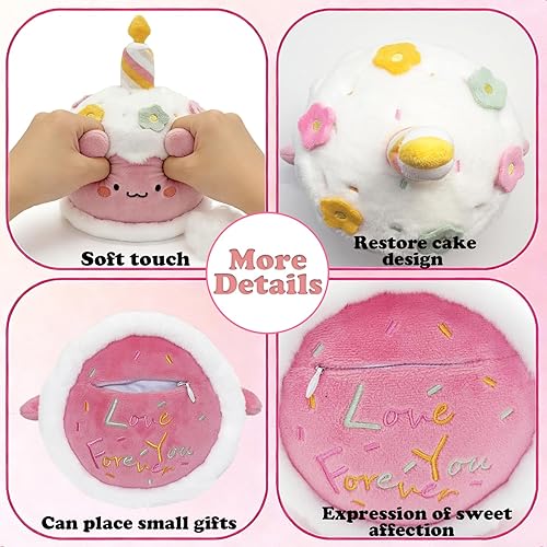Miniatura 5 de Juguete de peluche de pastel de cumpleaños, lindo pastel de peluche de postre con bolsillo oculto, bordado Love You Forever, 8.6 pulgadas para niños