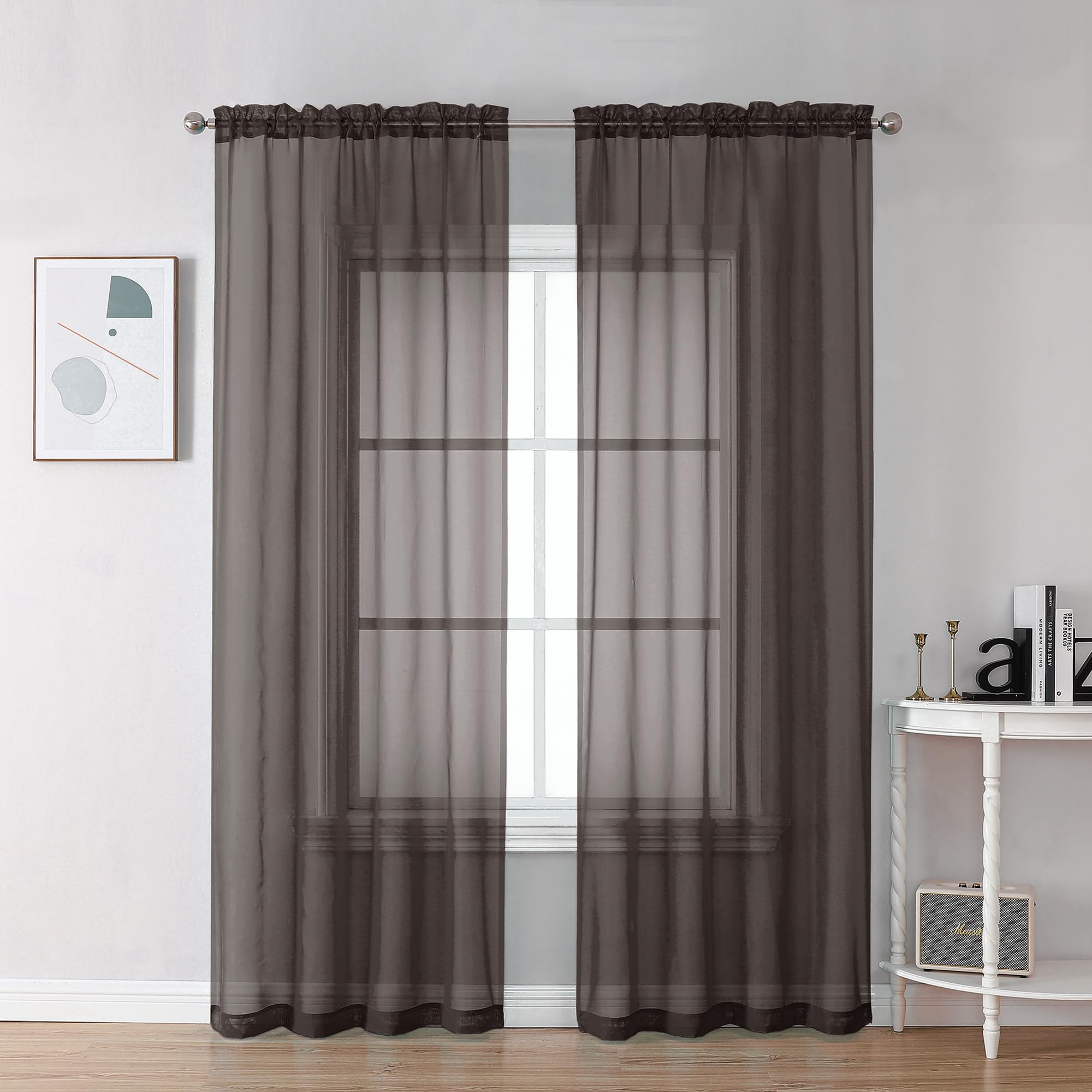 Chyhomenyc Chocolate Brown Sheer Curtains 78 Inches Long 2 Panels Set for Living Room, Light Filtering Voile Lightweight Bedroom Curtains, Rod Pocket Solid Window Treatment Drapes, Each 42W x 78L