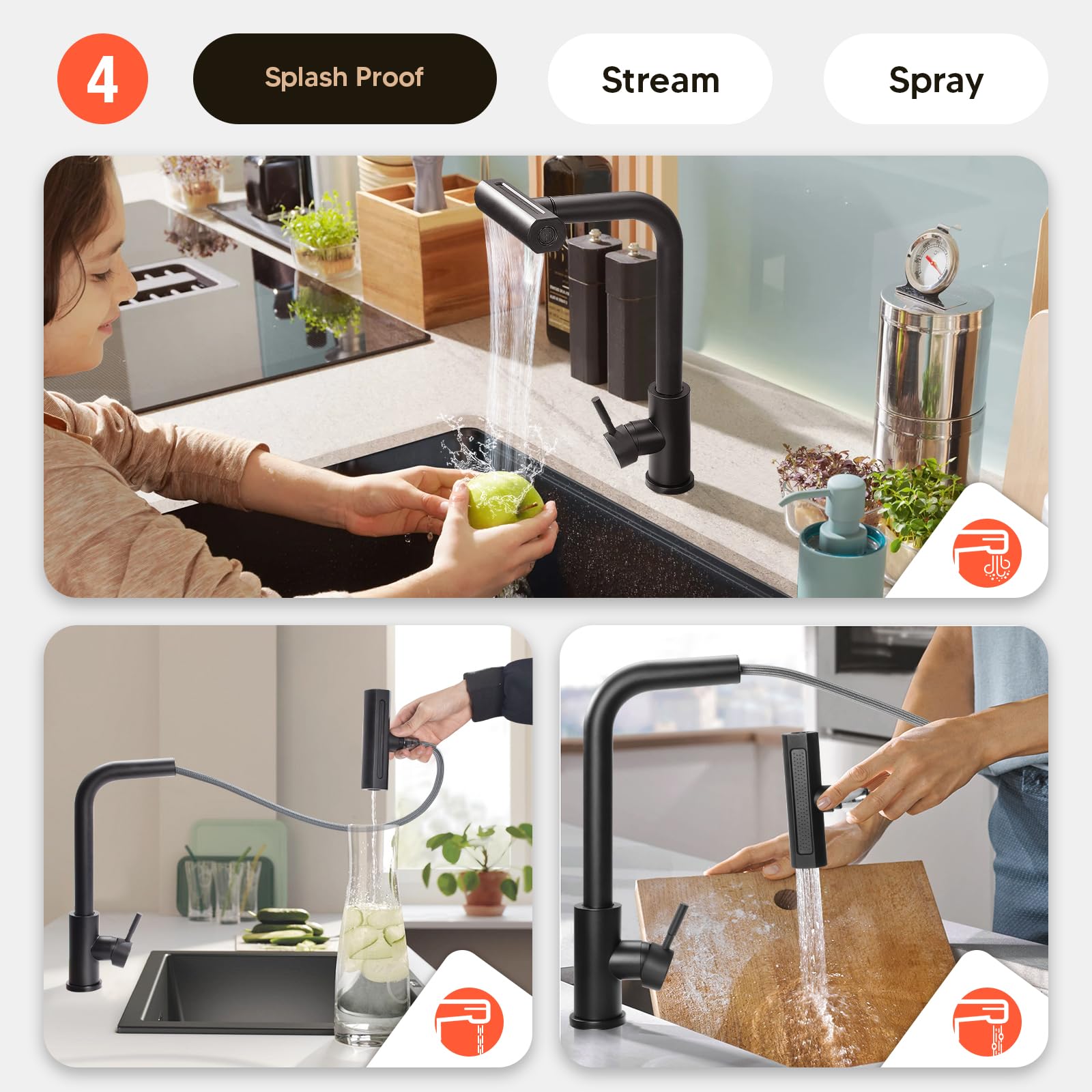Robinet cascade de cuisine extensible Mitigeur Cuisine Rotatif à 360° Robinet de Cuisine avec Pulvérisateur Extractible,4 Modes de Jet,Froid & Chaud Disponible (Noir)