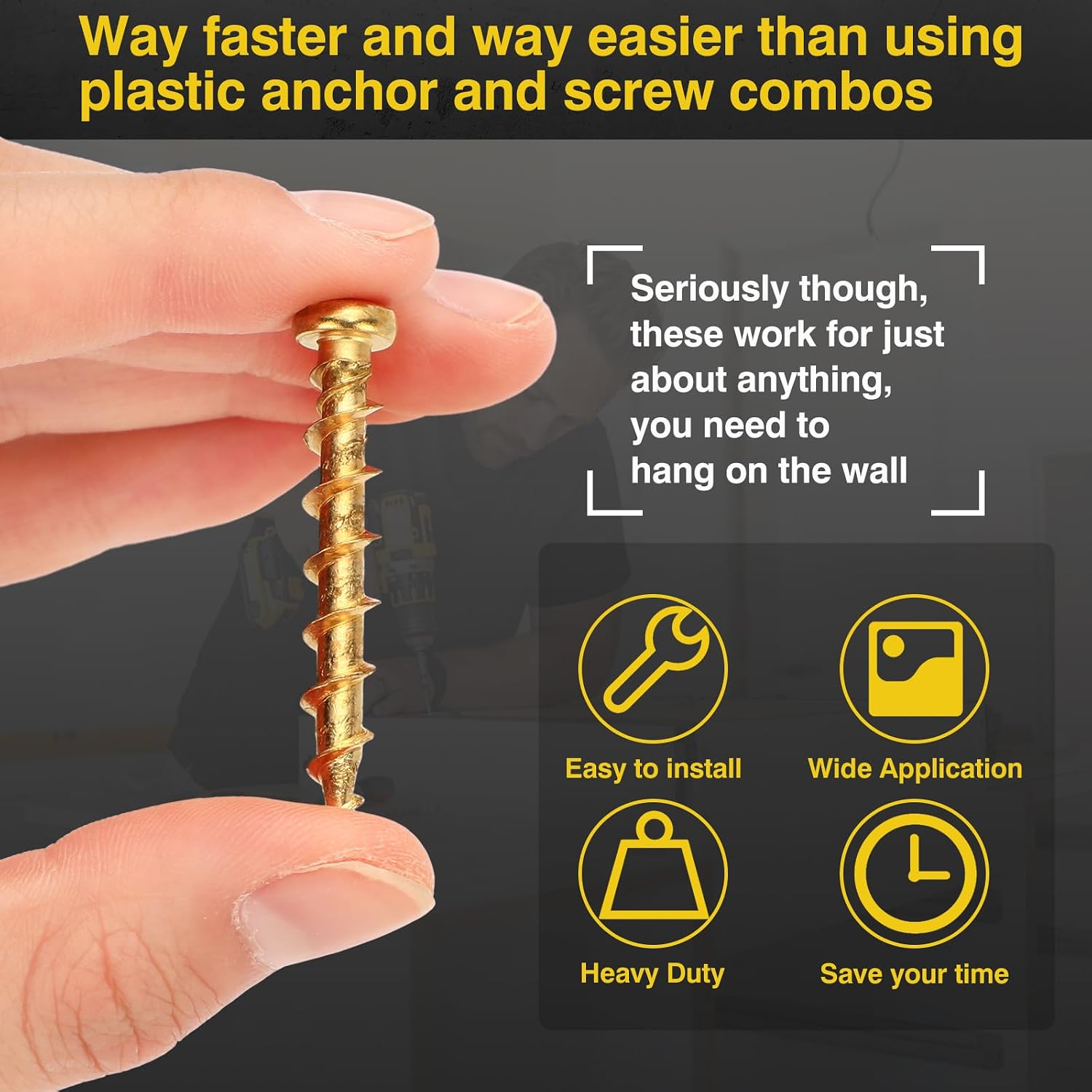Blulu 100 Pcs Drywall Anchors 1/4 x 1-1/2 Inch Alloy Steel Light Wall Anchors Heavy Duty Self Drilling Screws for Drywall, Wood and Other Masonry Materials (Golden Bronze)