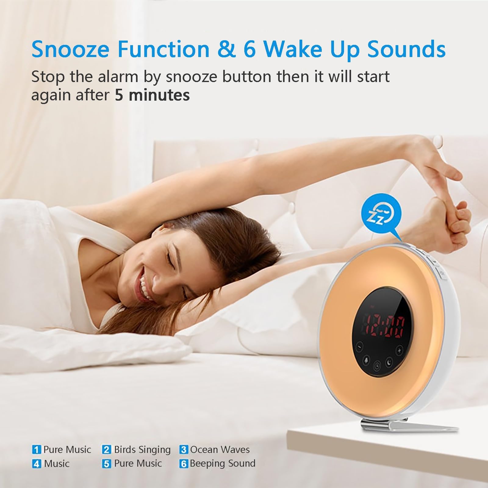 Reloj Despertador con Simulación De Amanecer y Atardecer, Luz De Despertador, Alarmas Duales, Ayuda para Dormir Snooze, Radio FM, Máquina De Sonido con Altavoz, Luz Nocturna De Guardería para Niños