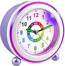 Juboos Children's Alarm Clock Non-Ticking with Snooze Function and Night Light, Battery Operated, Analog Quartz Alarm Clock for Boys and Girls (Blue) (Purple)