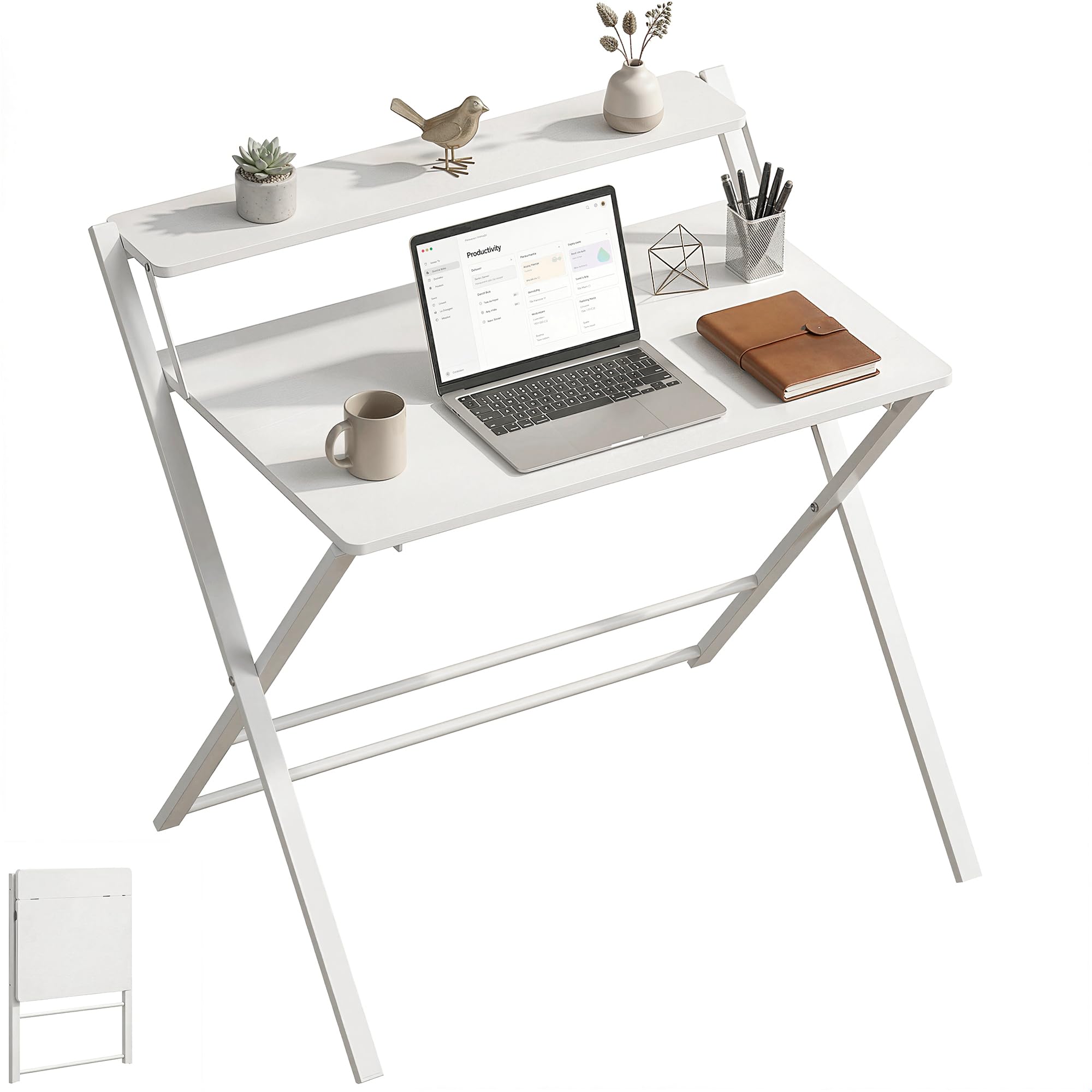 HOMCOM Compact Folding Desk for Small Spaces, Foldable Computer Desk with Storage Shelf for Home Office, 2-Tier Study Writing Table, 86 x 66 x 82 cm, White